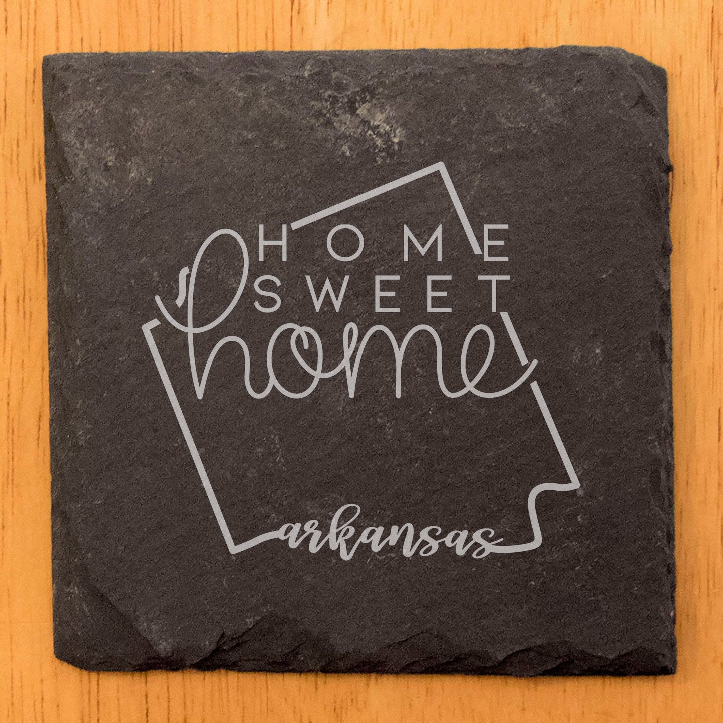 Rustic Slate Coasters Set of 4, Round 4" with Arkansas 'Home Sweet Home' Design, Perfect Gift for Holidays, Birthdays, Housewarming, She-Shed, Man Cave, Made in Oregon, USA, Natural Chipped Edge
