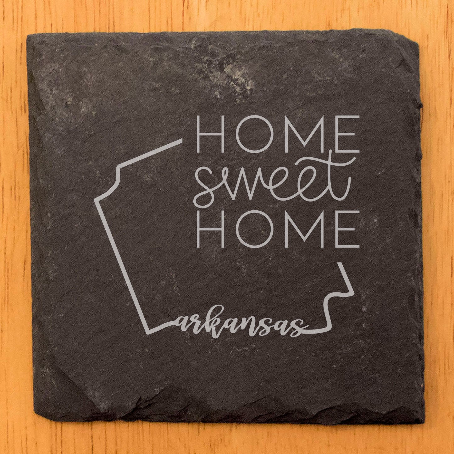 Rustic Slate Coasters Set of 4, Laser Etched Arkansas Design, 'Home Sweet Home' - Perfect Gift for Holidays, Birthdays, Housewarming - 4" Round, Natural Chipped Edge, Made in Oregon, USA