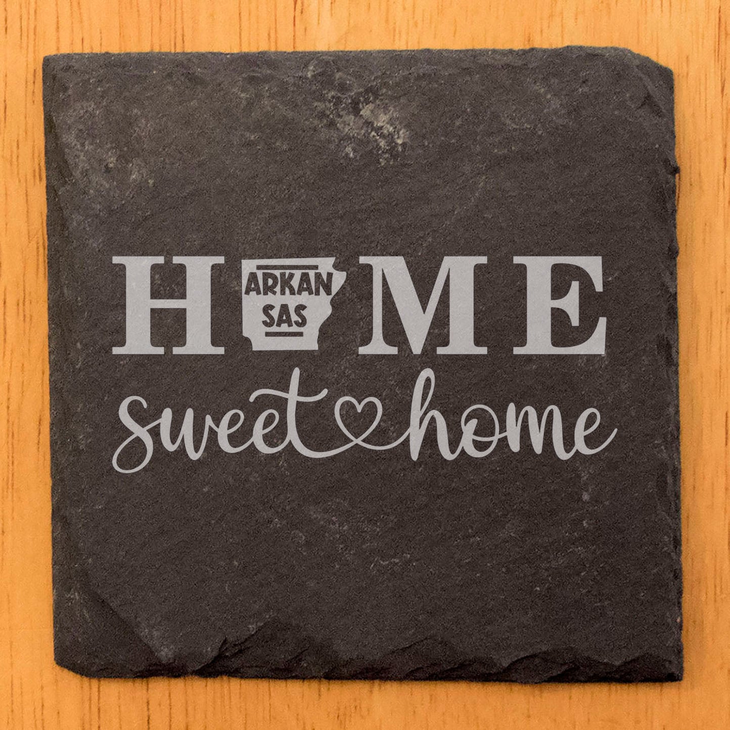 Rustic Slate Coasters Set of 4, Laser Etched 'HOME SWEET HOME' Design, Arkansas State Shape, Perfect Gift for Holidays, Birthdays, Housewarming, Made in Oregon, USA, 4" Round, Natural Edge