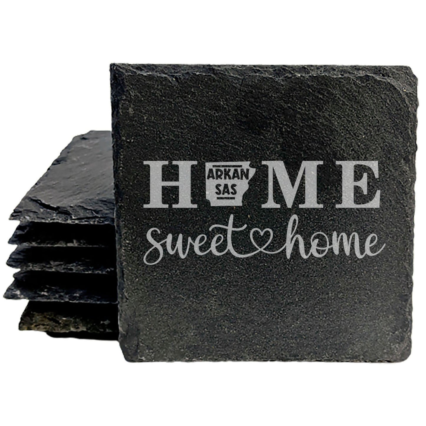 Rustic Slate Coasters Set of 4, Laser Etched 'HOME SWEET HOME' Design, Arkansas State Shape, Perfect Gift for Holidays, Birthdays, Housewarming, Made in Oregon, USA, 4" Round, Natural Edge