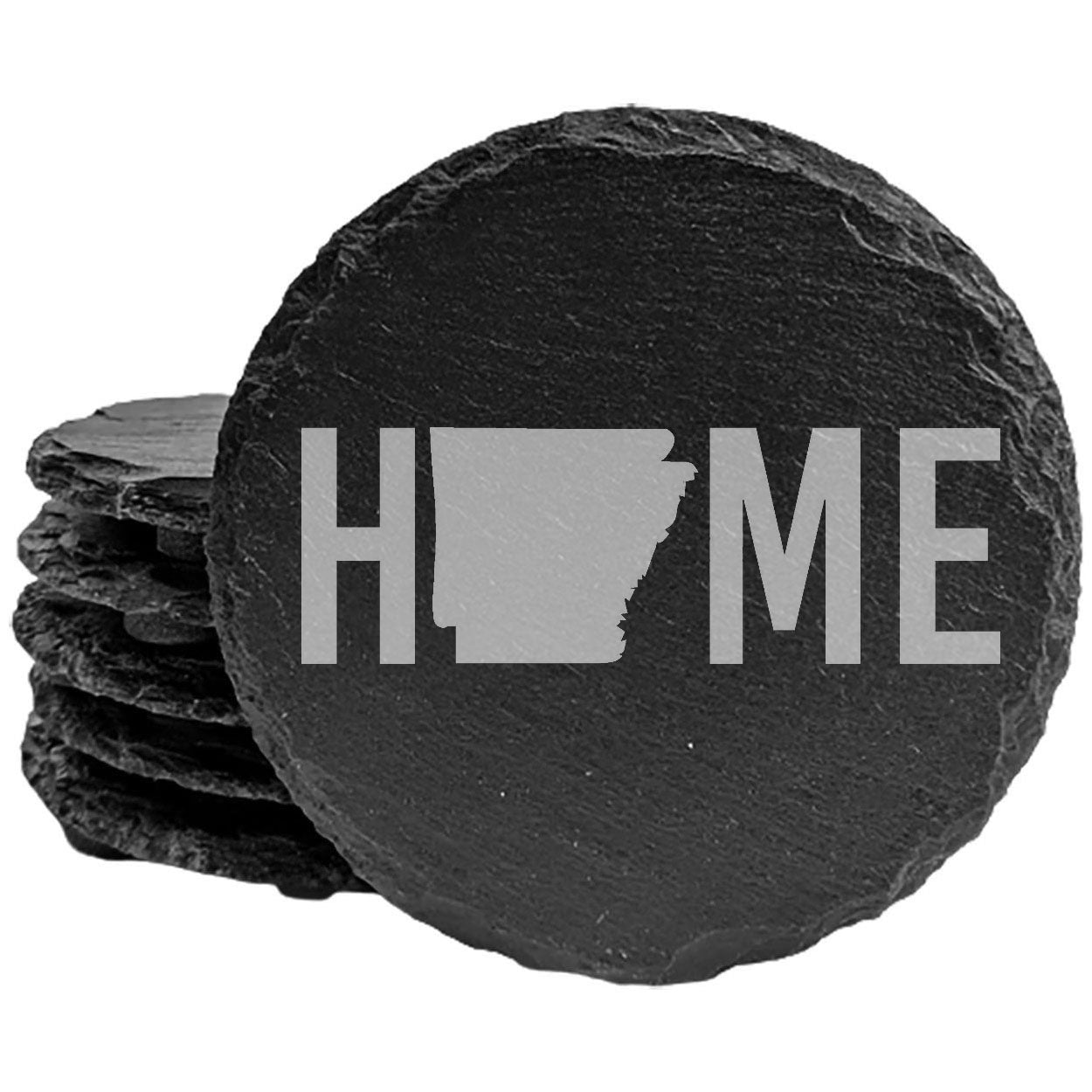 Rustic Slate Coasters Set of 4, Laser Etched 'HOME' Design with Arkansas State, 4" Round, Natural Chipped Edge, Rubber Feet, Perfect Gift for Holidays, Birthdays, Housewarming, Made in USA