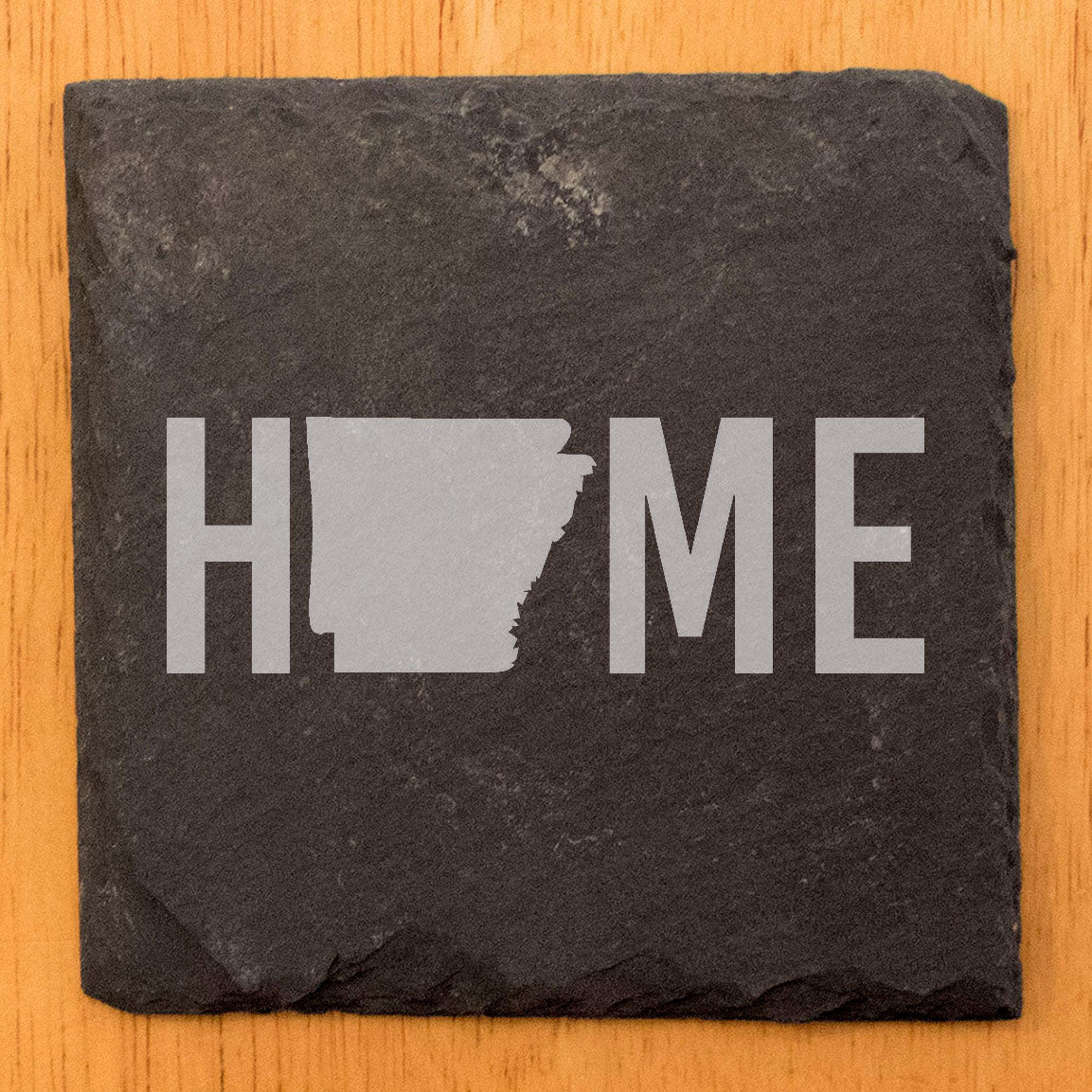 Rustic Slate Coasters Set of 4, Laser Etched 'HOME' Design with Arkansas State, 4" Round, Natural Chipped Edge, Rubber Feet, Perfect Gift for Holidays, Birthdays, Housewarming, Made in USA
