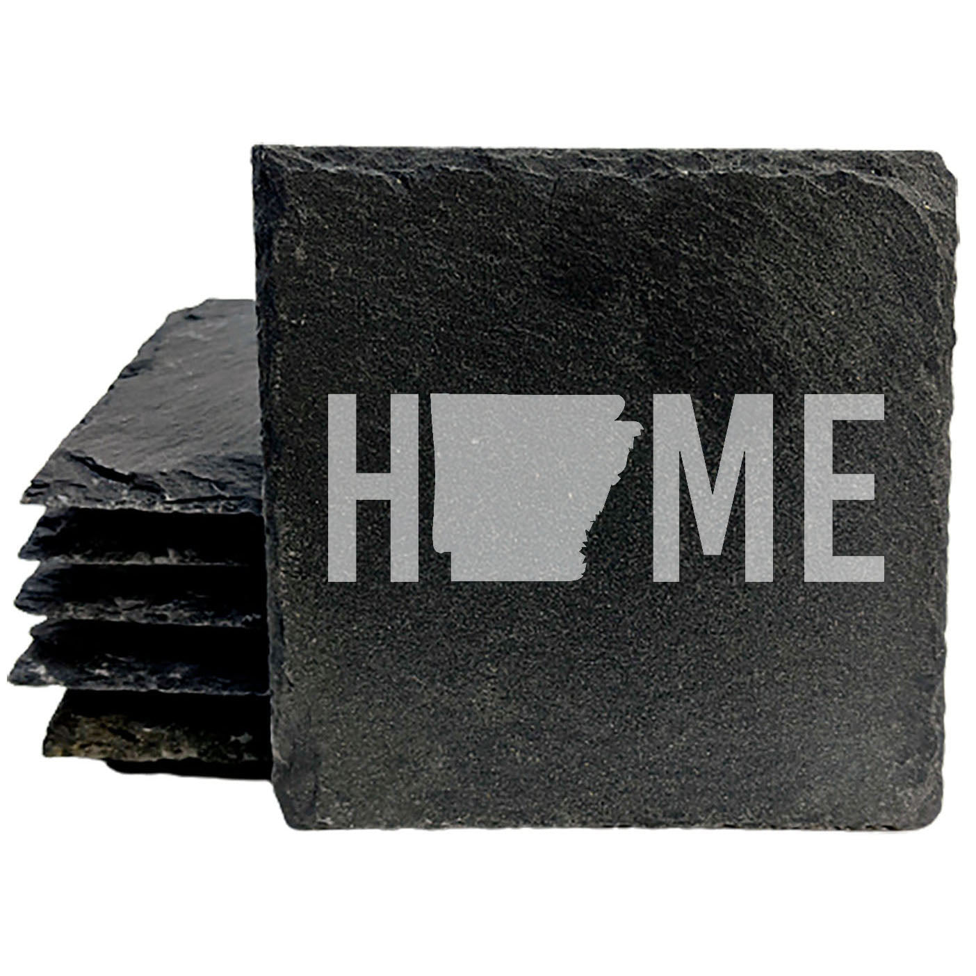 Rustic Slate Coasters Set of 4, Laser Etched 'HOME' Design with Arkansas State, 4" Round, Natural Chipped Edge, Rubber Feet, Perfect Gift for Holidays, Birthdays, Housewarming, Made in USA