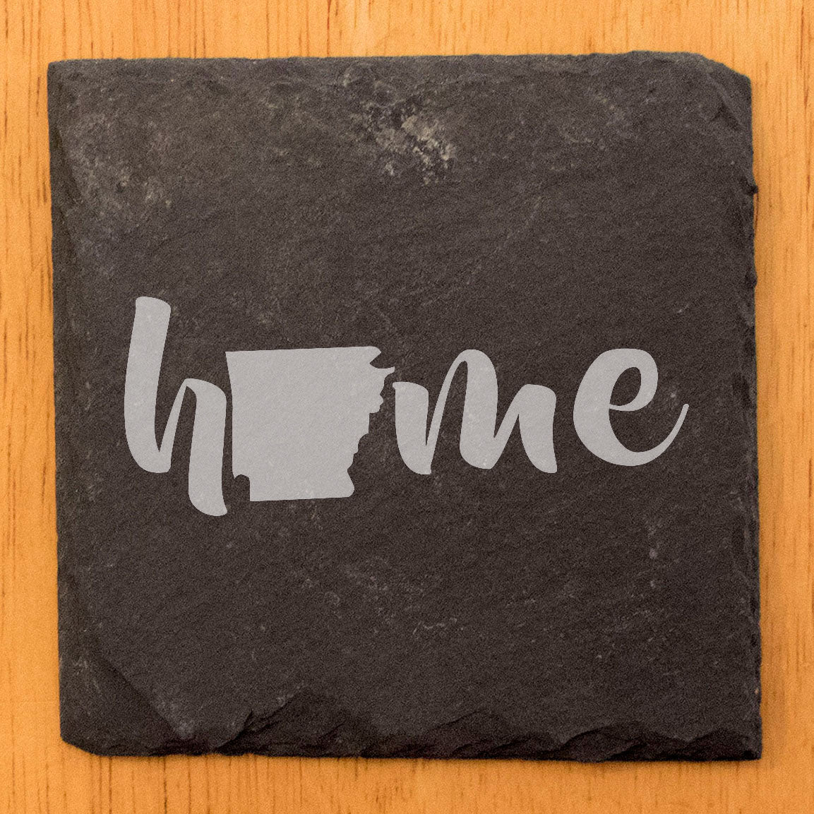 Rustic Slate Coasters Set of 4 - Laser Etched 'Home' Design with Arkansas State - Perfect Gift for Holidays, Birthdays, Housewarming - 4" Round/Square - Made in Oregon, USA - Natural Chipped Edge