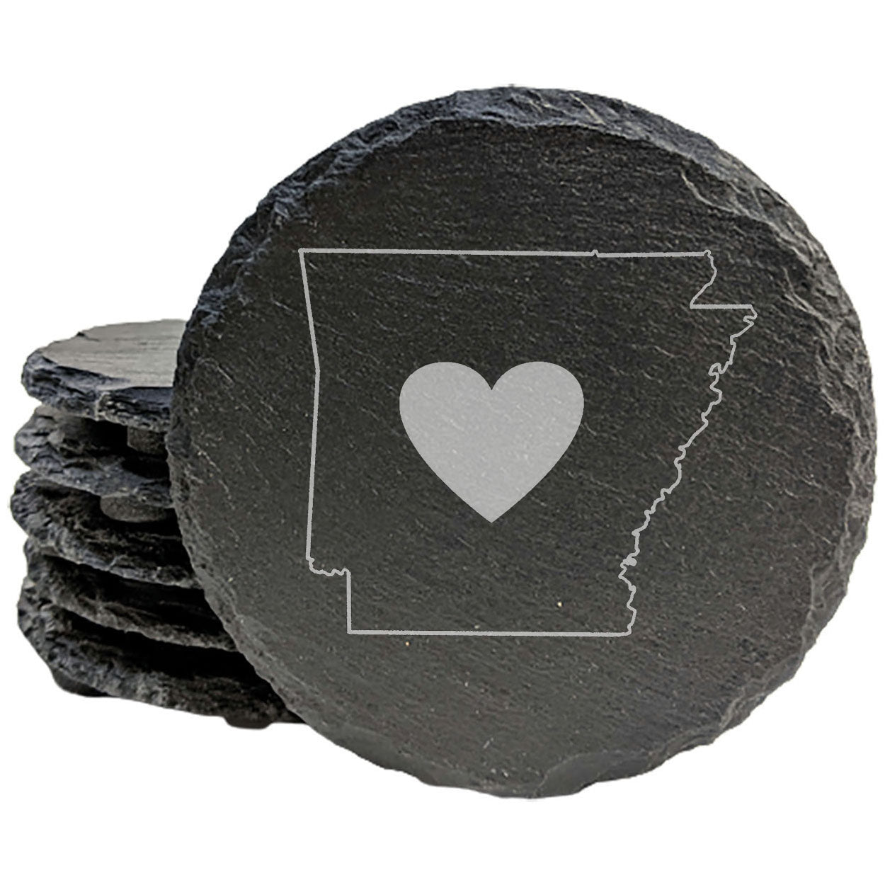 Rustic Slate Coasters Set of 4, Round 4" with Arkansas Heart Design, Laser Etched, Perfect for Holidays, Birthdays, Housewarming, She-Shed, Man Cave, Made in Oregon, USA,