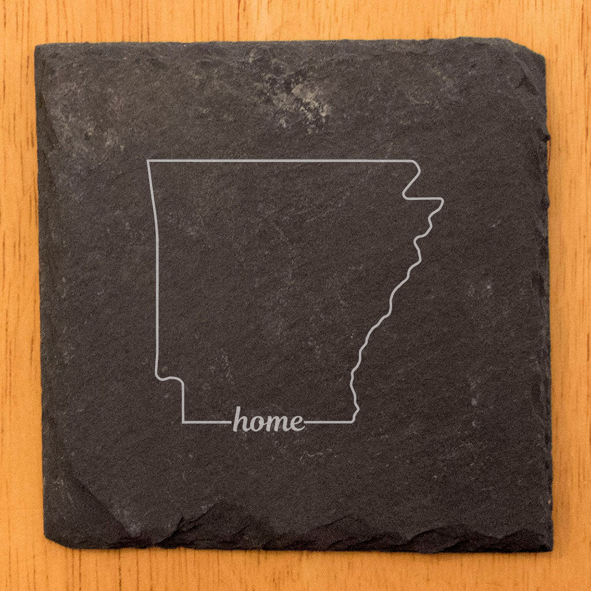 Rustic Slate Coasters Set of 4, Laser Etched Arkansas 'Home' Design, 4" Round, Natural Chipped Edge, Rubber Feet, Perfect Gift for Holidays, Birthdays, Housewarming, Made in Oregon, USA