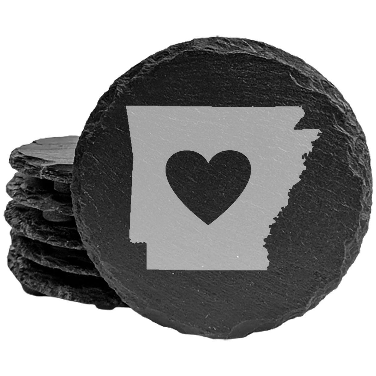 Rustic Slate Coasters Set of 4, Laser Etched Arkansas Design with Heart, 4" Round, Natural Chipped Edge, Rubber Feet, Perfect Gift for Holidays, Birthdays, Housewarming, Made in Oregon, USA