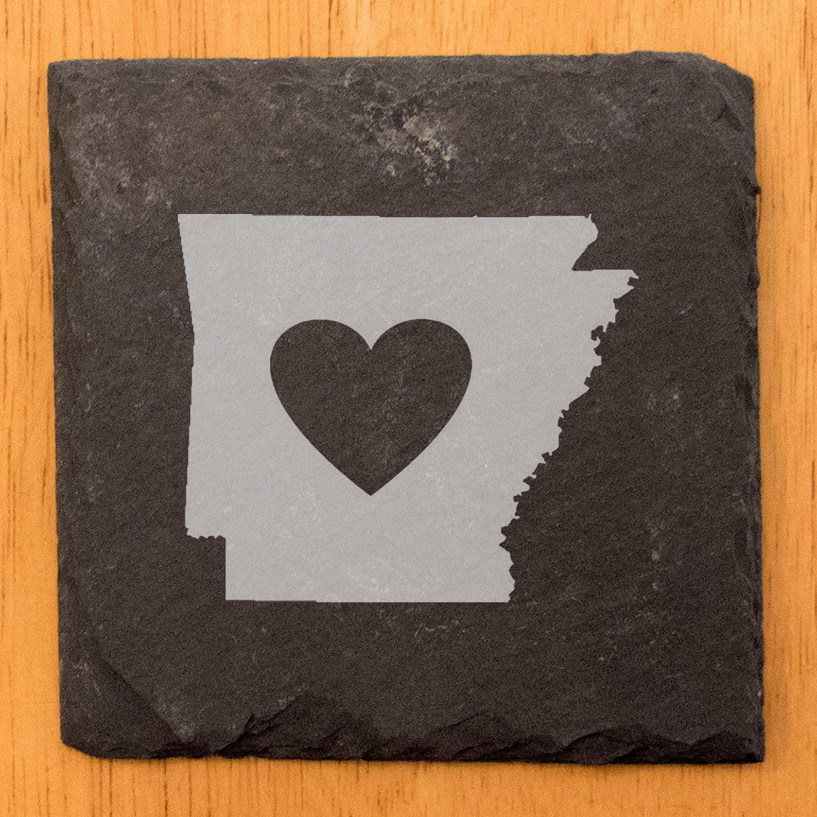 Rustic Slate Coasters Set of 4, Laser Etched Arkansas Design with Heart, 4" Round, Natural Chipped Edge, Rubber Feet, Perfect Gift for Holidays, Birthdays, Housewarming, Made in Oregon, USA