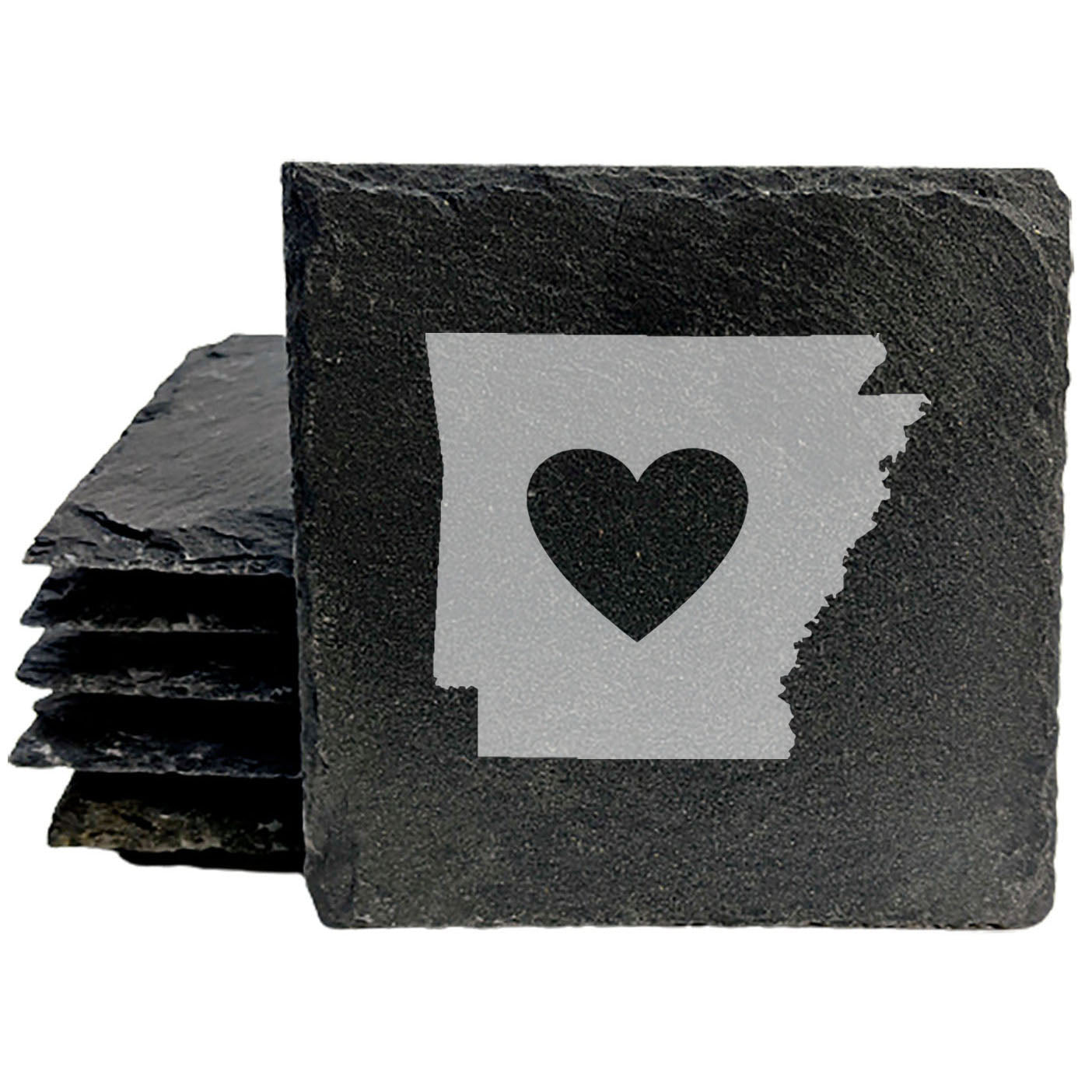 Rustic Slate Coasters Set of 4, Laser Etched Arkansas Design with Heart, 4" Round, Natural Chipped Edge, Rubber Feet, Perfect Gift for Holidays, Birthdays, Housewarming, Made in Oregon, USA