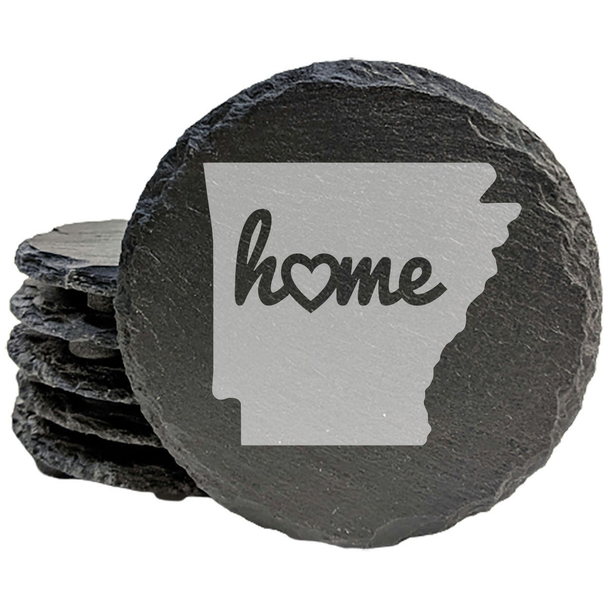 Rustic Slate Coasters Set of 4, Laser Etched Arkansas 'Home' Design, Perfect Gift for Holidays, Birthdays, Housewarming, She-Shed, Man Cave, Made in Oregon, USA, 4" Round, Natural Chipped Edge