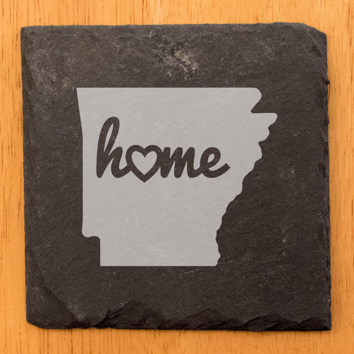 Rustic Slate Coasters Set of 4, Laser Etched Arkansas 'Home' Design, Perfect Gift for Holidays, Birthdays, Housewarming, She-Shed, Man Cave, Made in Oregon, USA, 4" Round, Natural Chipped Edge