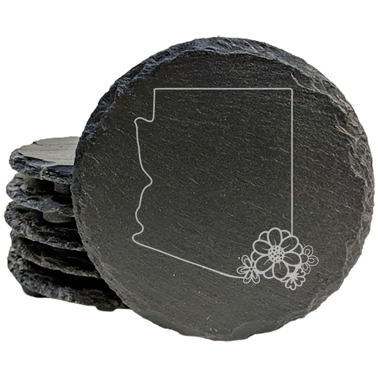 Rustic Slate Coasters Set of 4 - Arizona Design with Flower, 4" Round/Square, Natural Chipped Edge, Rubber Feet, - Perfect for Holidays, Birthdays, Housewarming - Made in USA