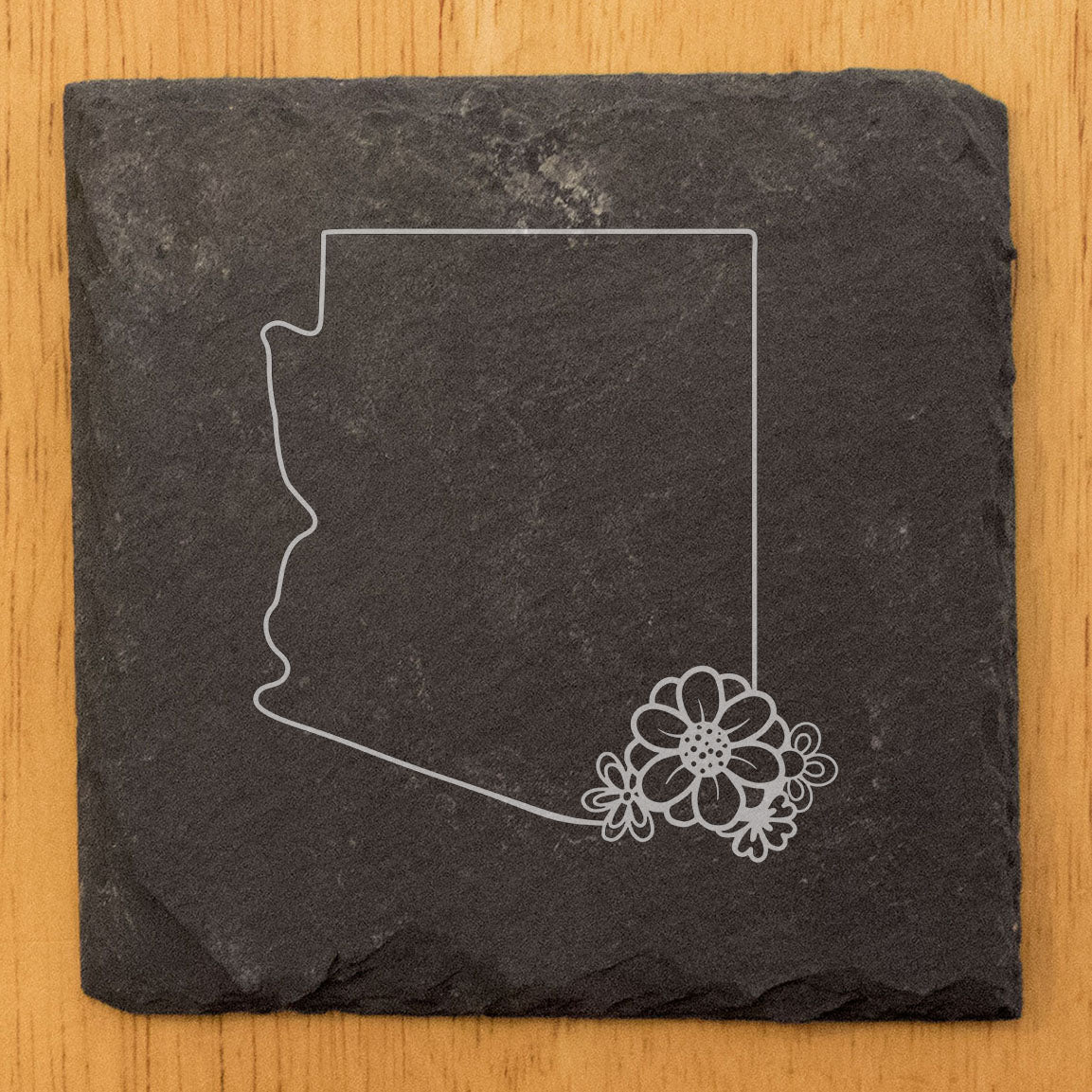Rustic Slate Coasters Set of 4 - Arizona Design with Flower, 4" Round/Square, Natural Chipped Edge, Rubber Feet, - Perfect for Holidays, Birthdays, Housewarming - Made in USA