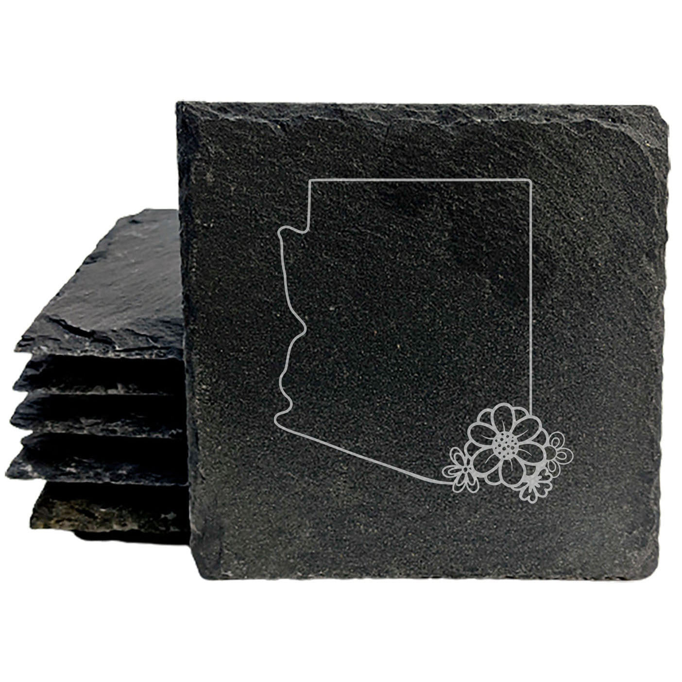 Rustic Slate Coasters Set of 4 - Arizona Design with Flower, 4" Round/Square, Natural Chipped Edge, Rubber Feet, - Perfect for Holidays, Birthdays, Housewarming - Made in USA