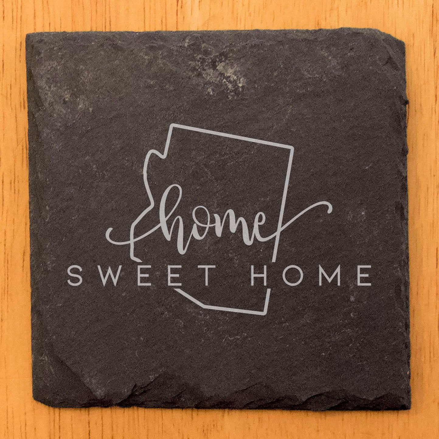 Rustic Slate Coasters Set of 4, 4" Round, Laser Etched Arizona 'Home Sweet Home' Design, Perfect Gift for Holidays, Birthdays, Housewarming, She-Shed, Man Cave, Made in Oregon, USA, Natural Edge