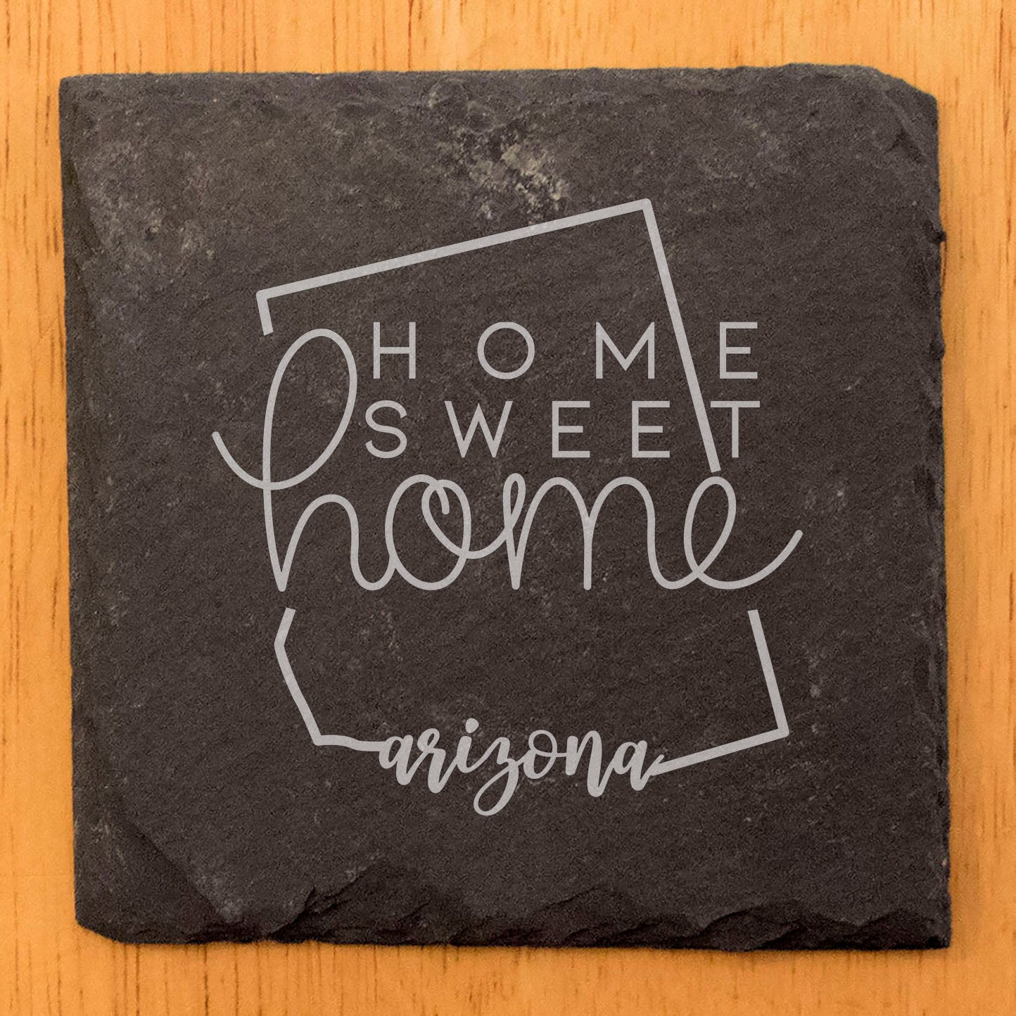 Rustic Slate Coasters Set of 4, Round 4" with Arizona Design, 'Home Sweet Home' Laser Etched, Perfect for Holidays, Birthdays, Housewarming Gifts, Made in Oregon, USA by Small Business
