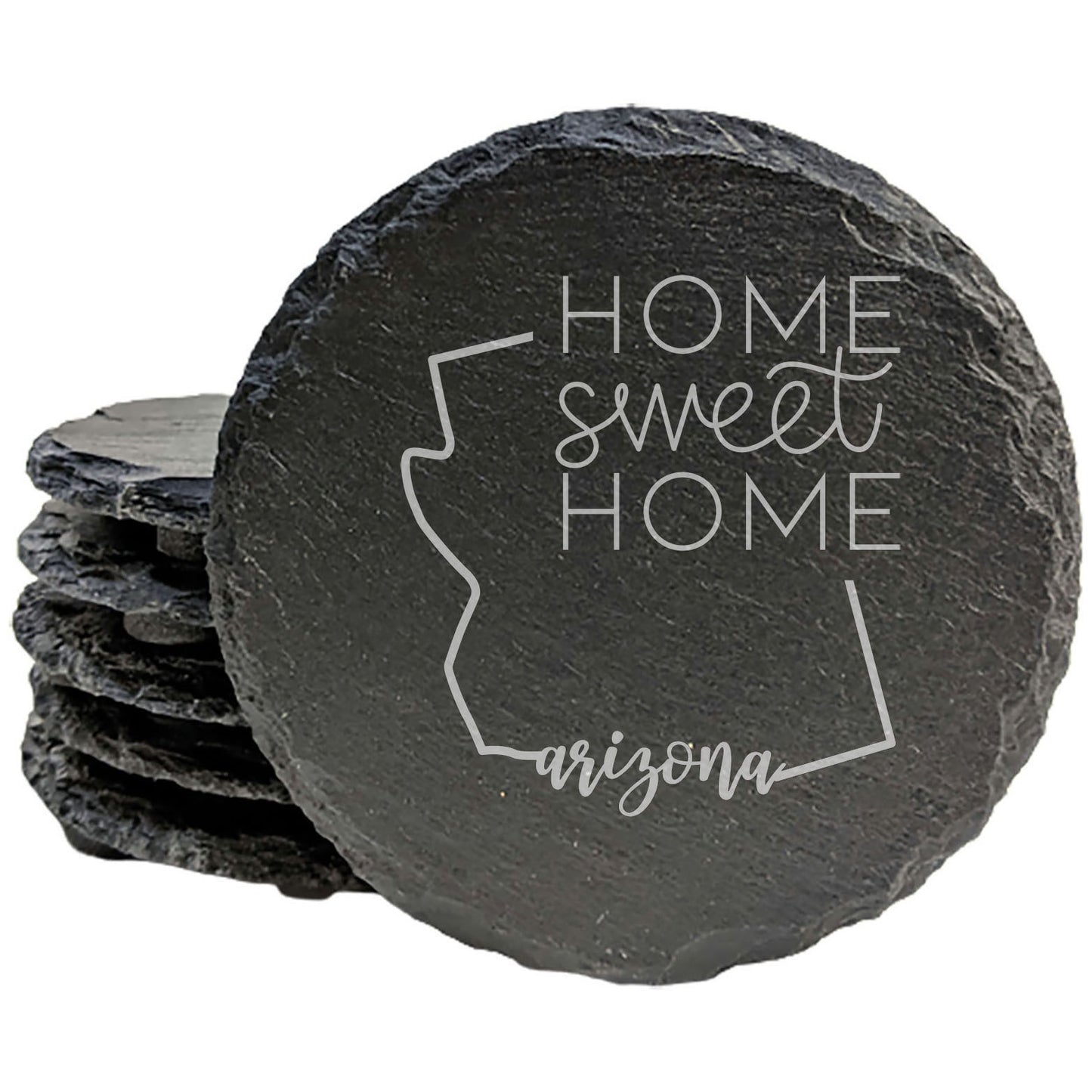 Rustic Slate Coasters Set of 4, Round 4" with Arizona 'Home Sweet Home' Design, Perfect Gift for Holidays, Birthdays, Housewarming, She-Shed, Man Cave, Made in Oregon, USA, Natural Chipped Edge