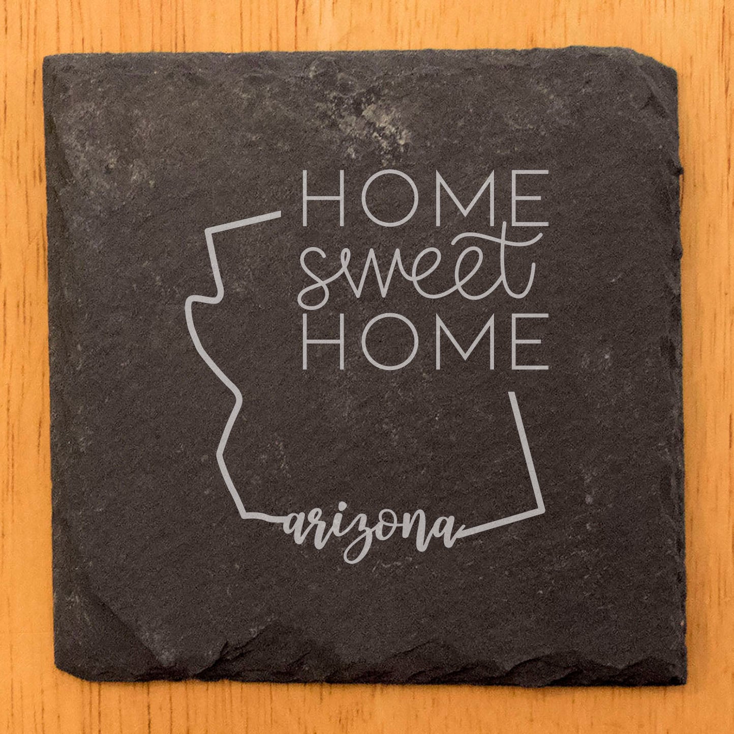 Rustic Slate Coasters Set of 4, Round 4" with Arizona 'Home Sweet Home' Design, Perfect Gift for Holidays, Birthdays, Housewarming, She-Shed, Man Cave, Made in Oregon, USA, Natural Chipped Edge