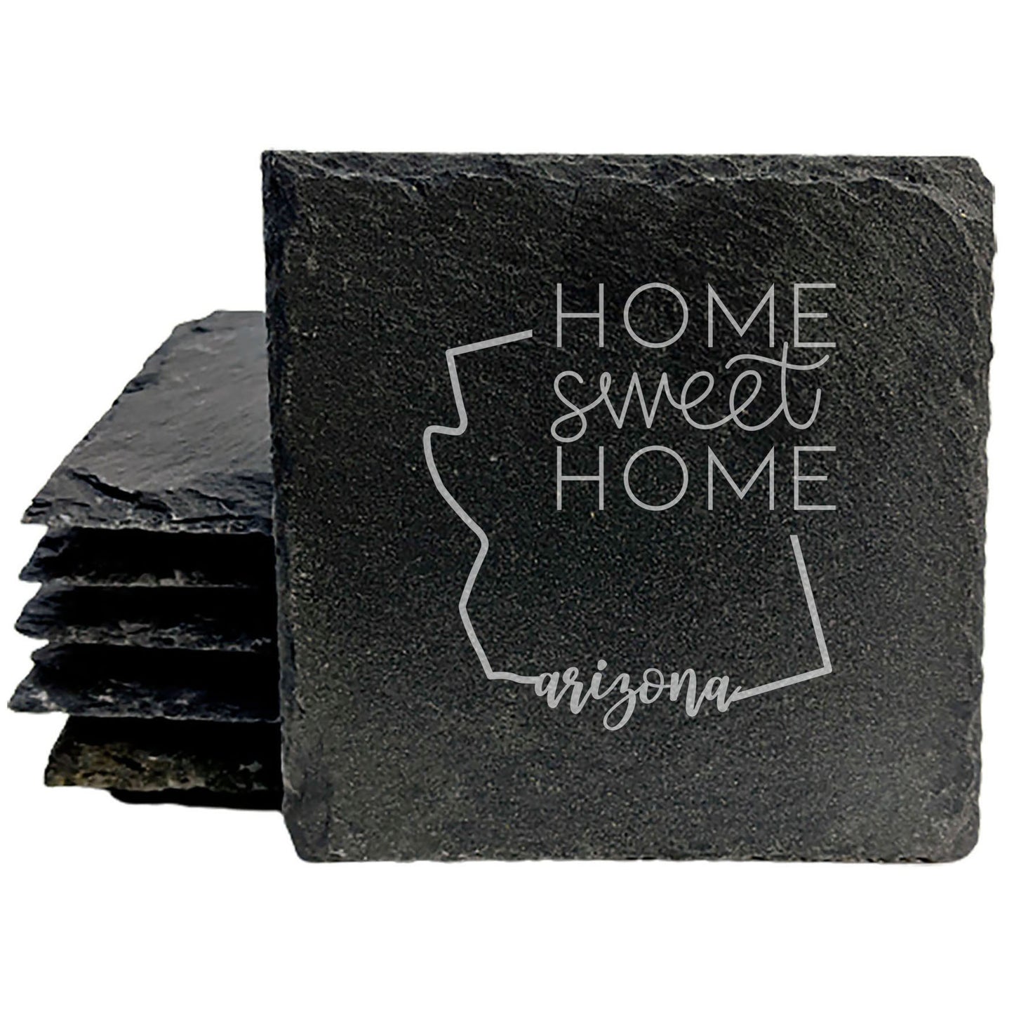 Rustic Slate Coasters Set of 4, Round 4" with Arizona 'Home Sweet Home' Design, Perfect Gift for Holidays, Birthdays, Housewarming, She-Shed, Man Cave, Made in Oregon, USA, Natural Chipped Edge