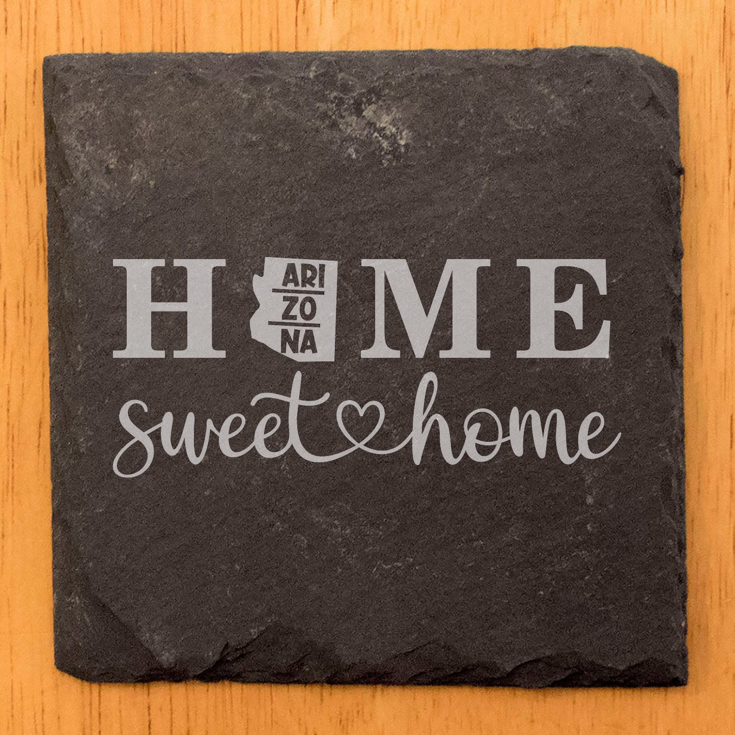 Rustic Slate Coasters Set of 4, 4" Round, Laser Etched 'HOME SWEET HOME' Design, Arizona State Shape, Perfect Gift for Holidays, Birthdays, Housewarming, Made in Oregon, USA, Natural Chipped Edge