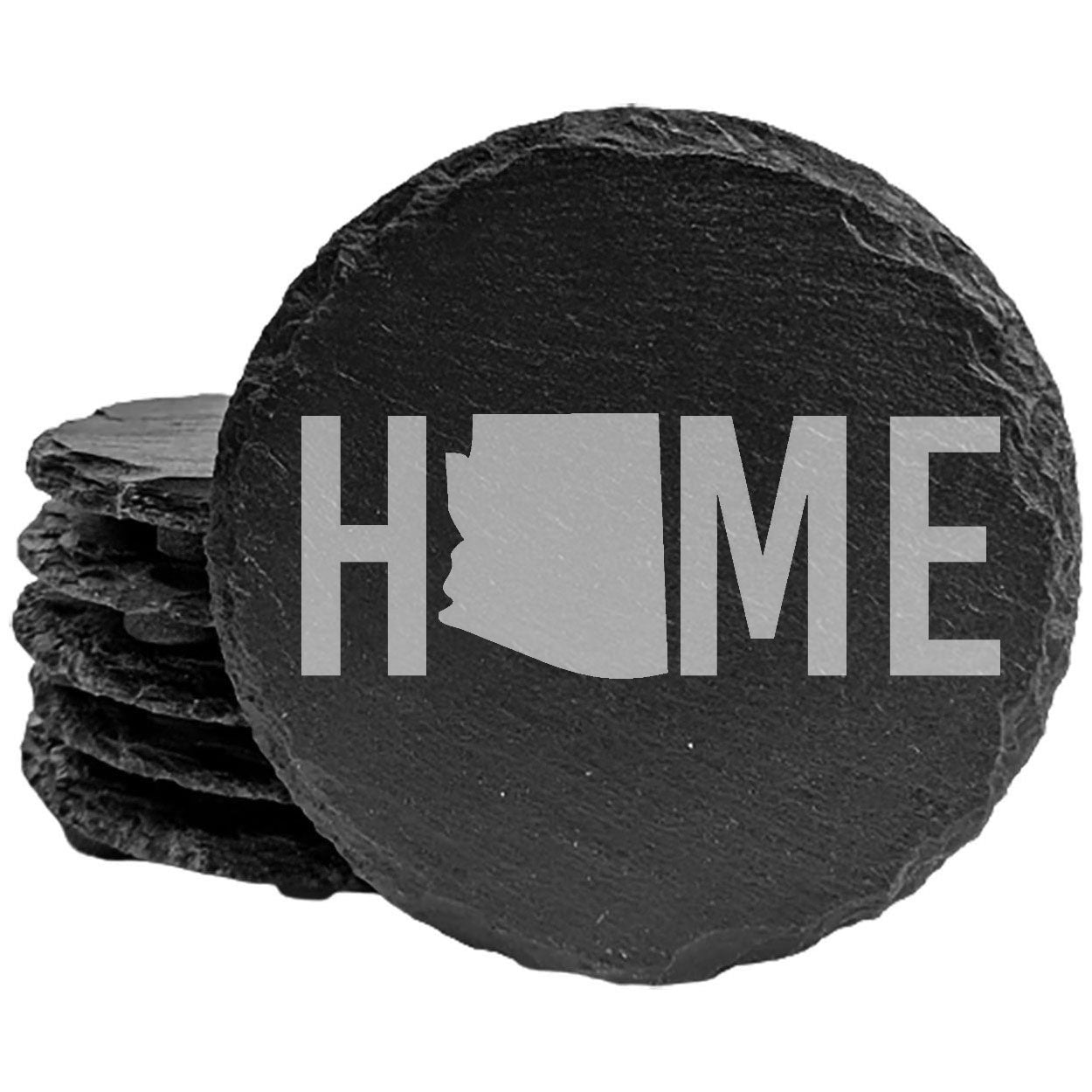 Rustic Slate Coasters Set of 4, Laser Etched 'HOME' Design with Arizona State, 4" Round, Natural Chipped Edge, Rubber Feet, , Perfect for Holidays, Birthdays, Housewarming, USA Made