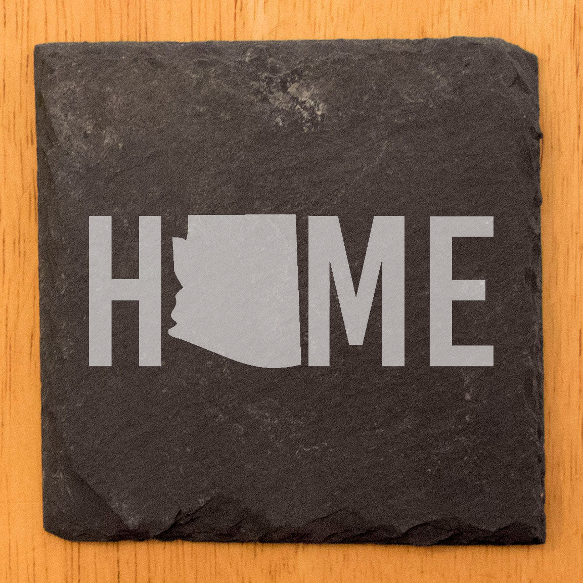 Rustic Slate Coasters Set of 4, Laser Etched 'HOME' Design with Arizona State, 4" Round, Natural Chipped Edge, Rubber Feet, , Perfect for Holidays, Birthdays, Housewarming, USA Made