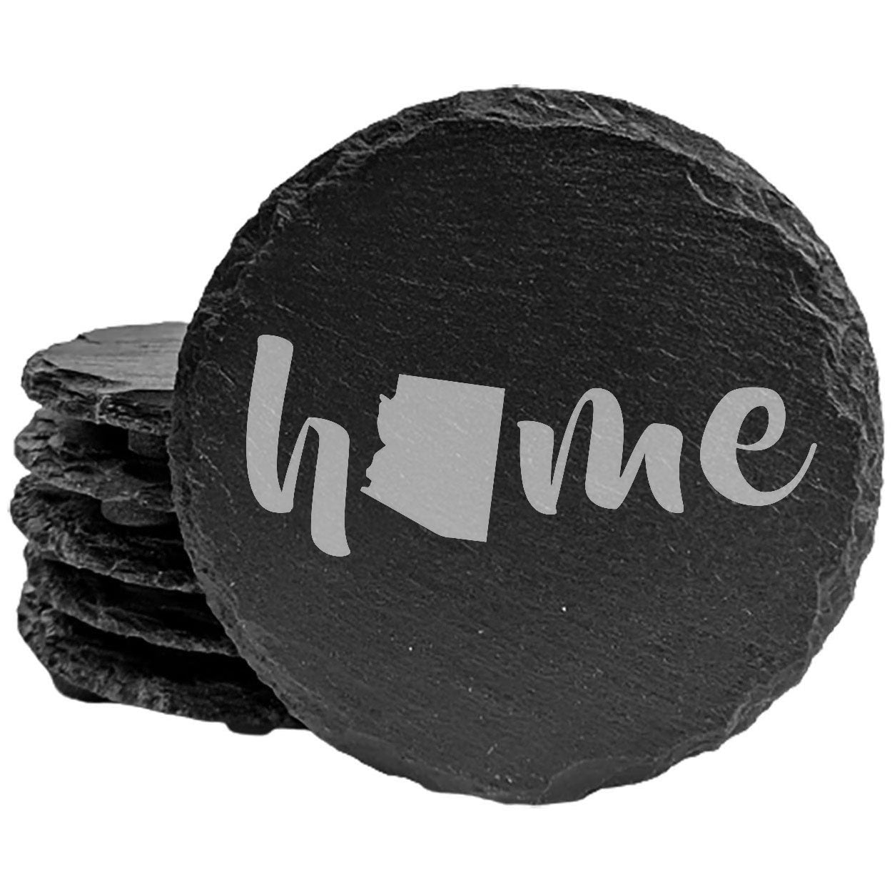 Rustic Slate Coasters Set of 4 - Laser Etched 'Home' Design with Arizona State - Perfect Gift for Holidays, Birthdays, Housewarming - 4" Round/Square - Made in Oregon, USA - Natural Chipped Edge