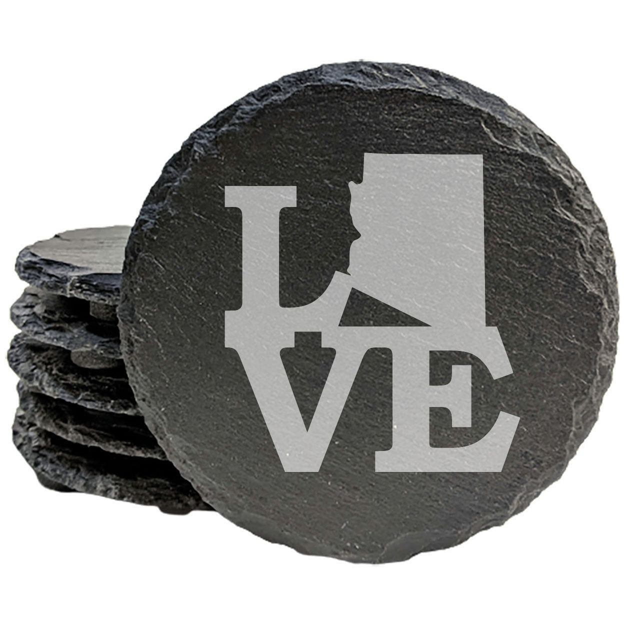 Rustic Slate Coasters Set of 4, Laser Etched 'LOVE' Design with Arizona State, 4" Round, Natural Chipped Edge, Rubber Feet, Perfect Gift for Holidays, Birthdays, Housewarming, Made in USA