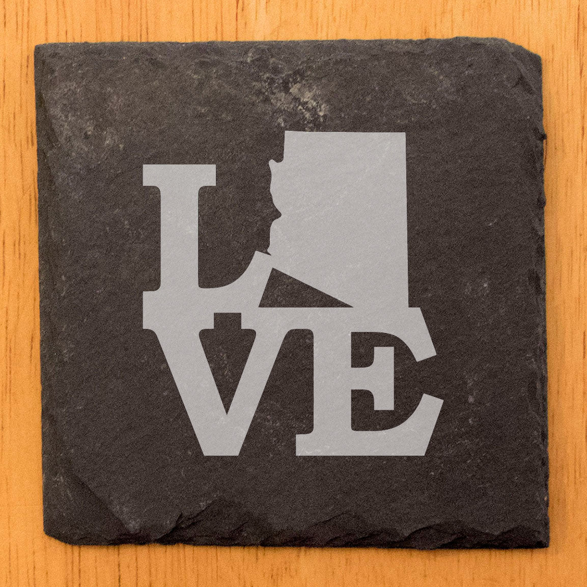 Rustic Slate Coasters Set of 4, Laser Etched 'LOVE' Design with Arizona State, 4" Round, Natural Chipped Edge, Rubber Feet, Perfect Gift for Holidays, Birthdays, Housewarming, Made in USA