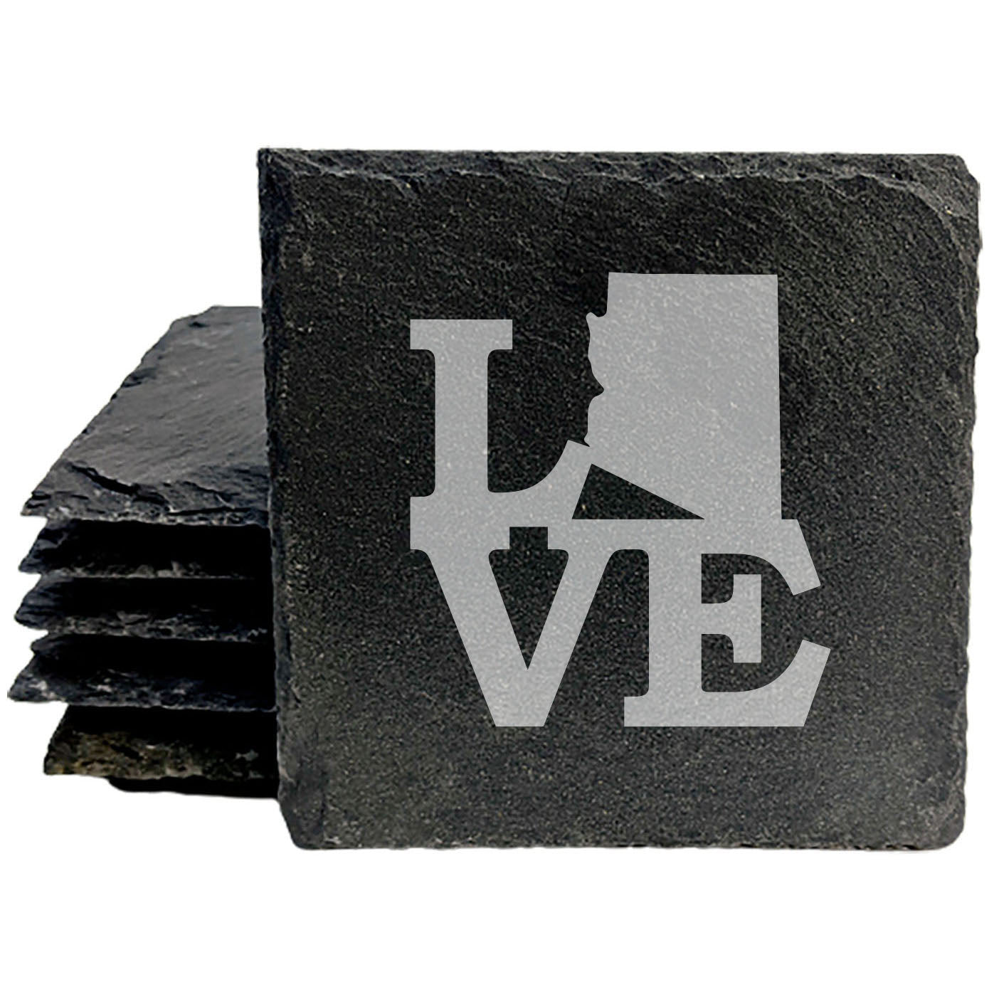 Rustic Slate Coasters Set of 4, Laser Etched 'LOVE' Design with Arizona State, 4" Round, Natural Chipped Edge, Rubber Feet, Perfect Gift for Holidays, Birthdays, Housewarming, Made in USA