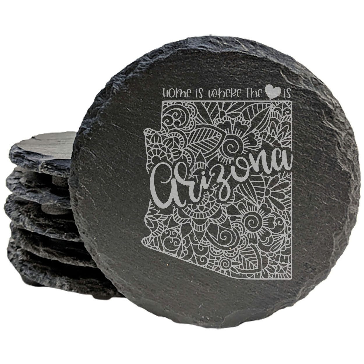 Rustic Slate Coasters Set of 4, Round 4" with Arizona Mandala Design, 'Home is Where the Heart Is' Quote, Perfect for Holidays, Birthdays, Housewarming, She-Shed, Man Cave, Made in Oregon, USA