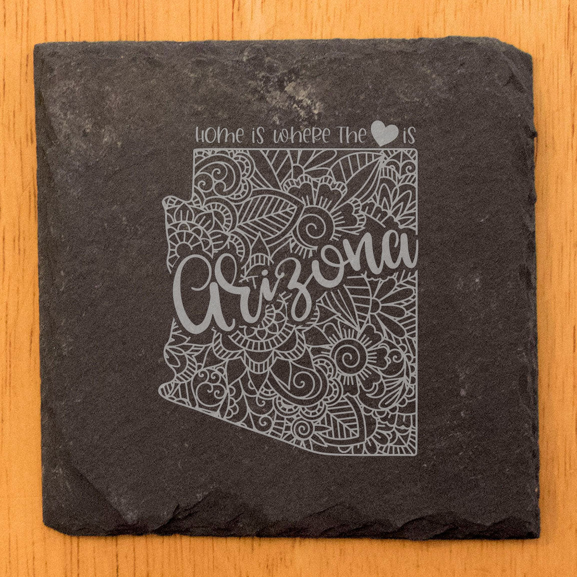 Rustic Slate Coasters Set of 4, Round 4" with Arizona Mandala Design, 'Home is Where the Heart Is' Quote, Perfect for Holidays, Birthdays, Housewarming, She-Shed, Man Cave, Made in Oregon, USA