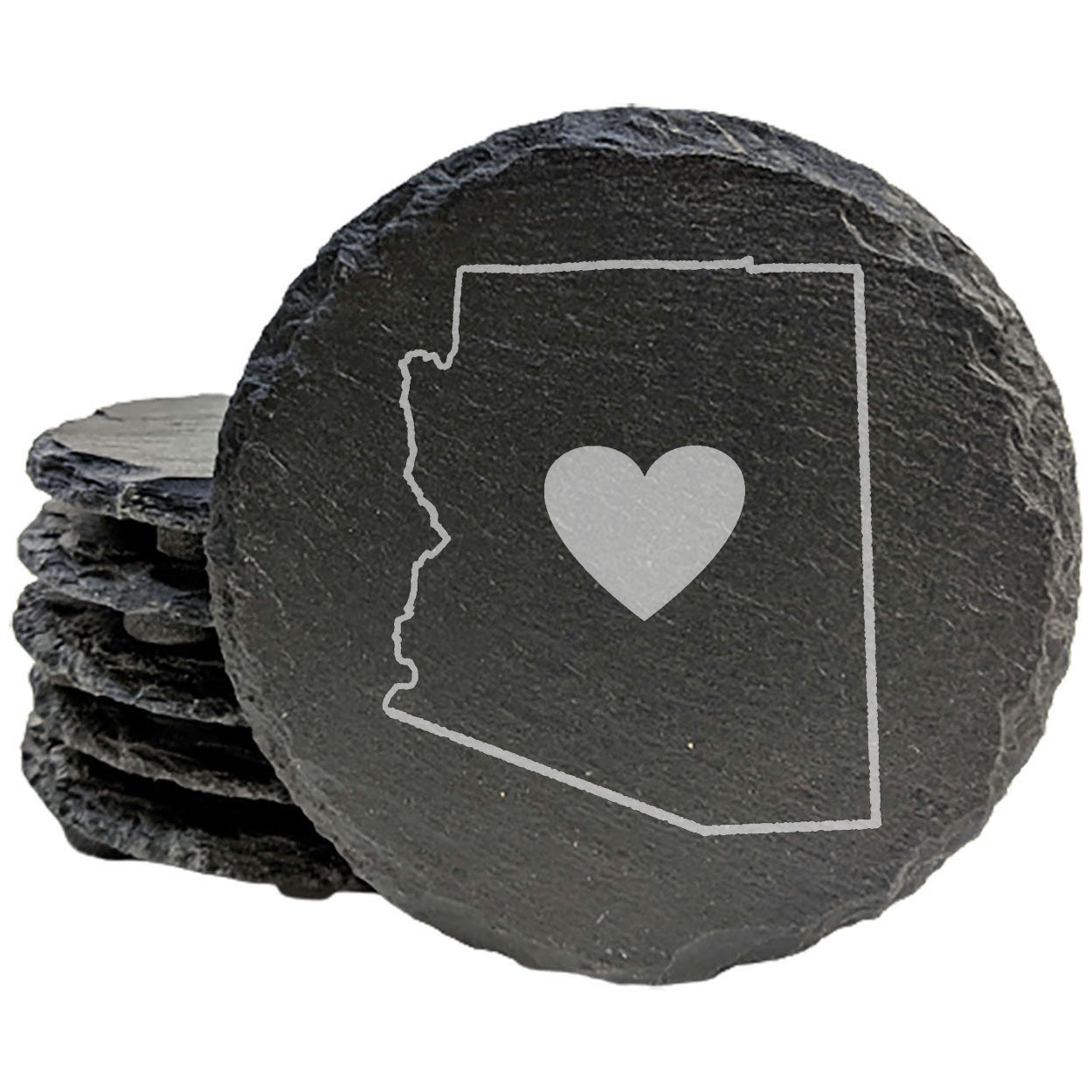 Rustic Slate Coasters Set of 4, Round 4" with Arizona Heart Design, Perfect for Holidays, Birthdays, Housewarming Gifts, She-Shed or Man Cave, Made in USA, Natural Chipped Edge, Rubber Feet