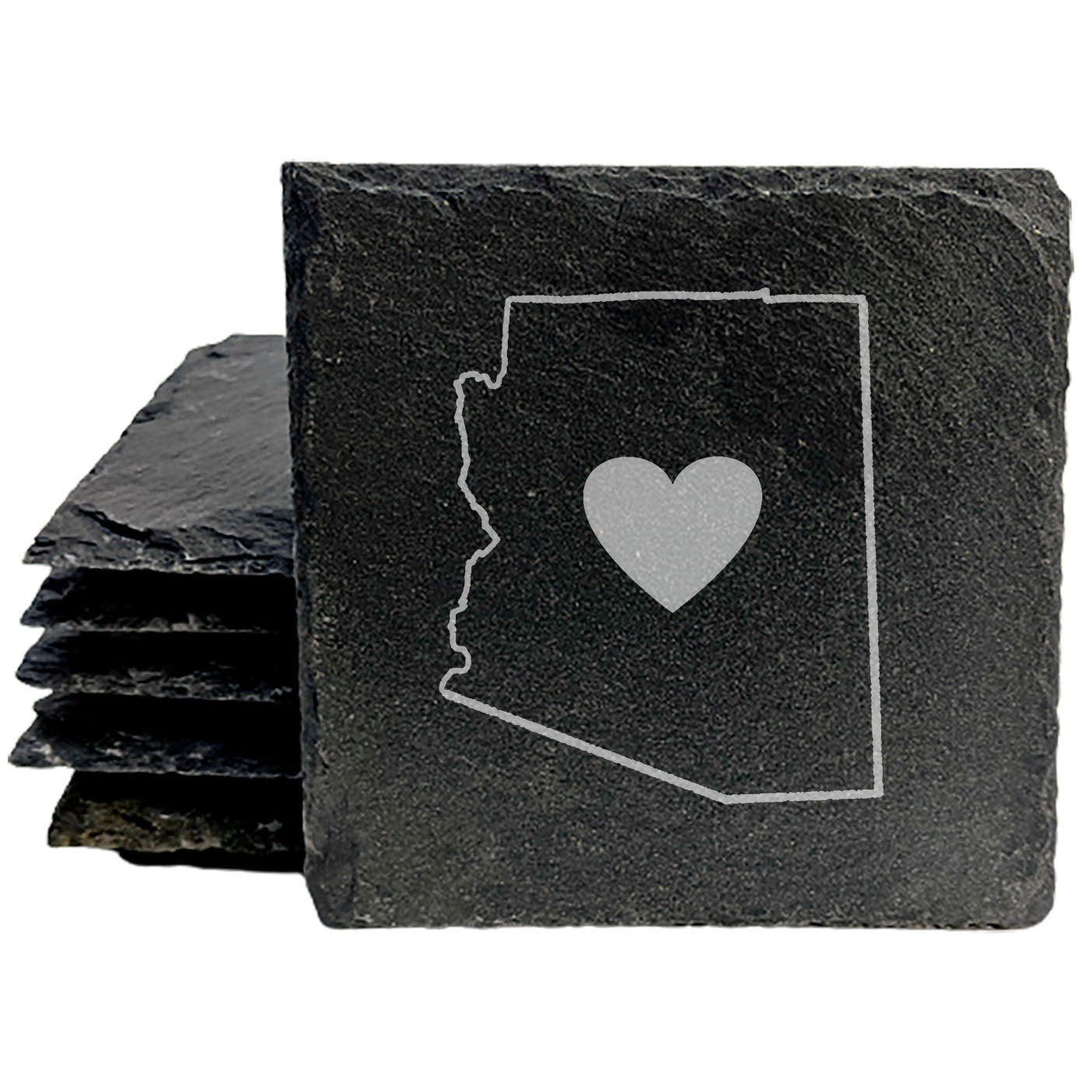 Rustic Slate Coasters Set of 4, Round 4" with Arizona Heart Design, Perfect for Holidays, Birthdays, Housewarming Gifts, She-Shed or Man Cave, Made in USA, Natural Chipped Edge, Rubber Feet