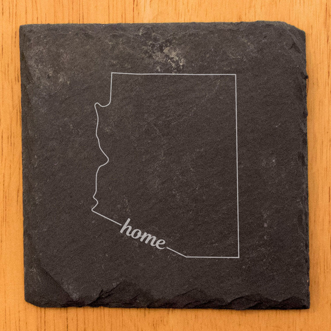 Rustic Slate Coasters Set of 4, Round 4" with Arizona 'Home' Design, Laser Etched, Perfect for Holidays, Birthdays, Housewarming Gifts, Made in Oregon, USA, Natural Chipped Edge, Rubber Feet
