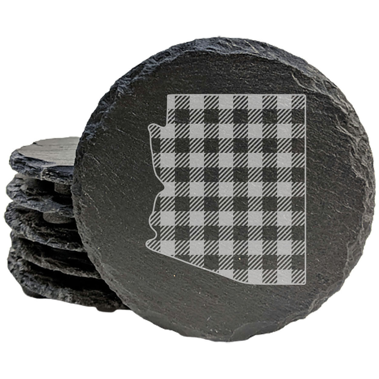 Rustic Slate Coasters Set of 4, Arizona Plaid Design, 4" Round, Natural Chipped Edge, Rubber Feet, , Perfect for Holidays, Birthdays, Housewarming, She-Shed, Man Cave, Made in USA