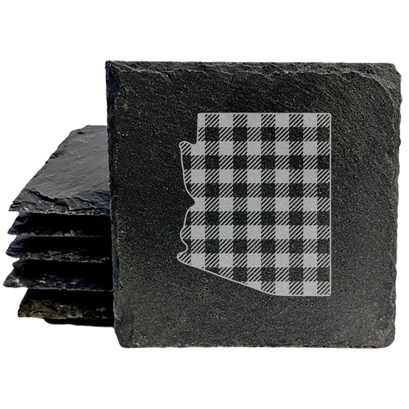 Rustic Slate Coasters Set of 4, Arizona Plaid Design, 4" Round, Natural Chipped Edge, Rubber Feet, , Perfect for Holidays, Birthdays, Housewarming, She-Shed, Man Cave, Made in USA