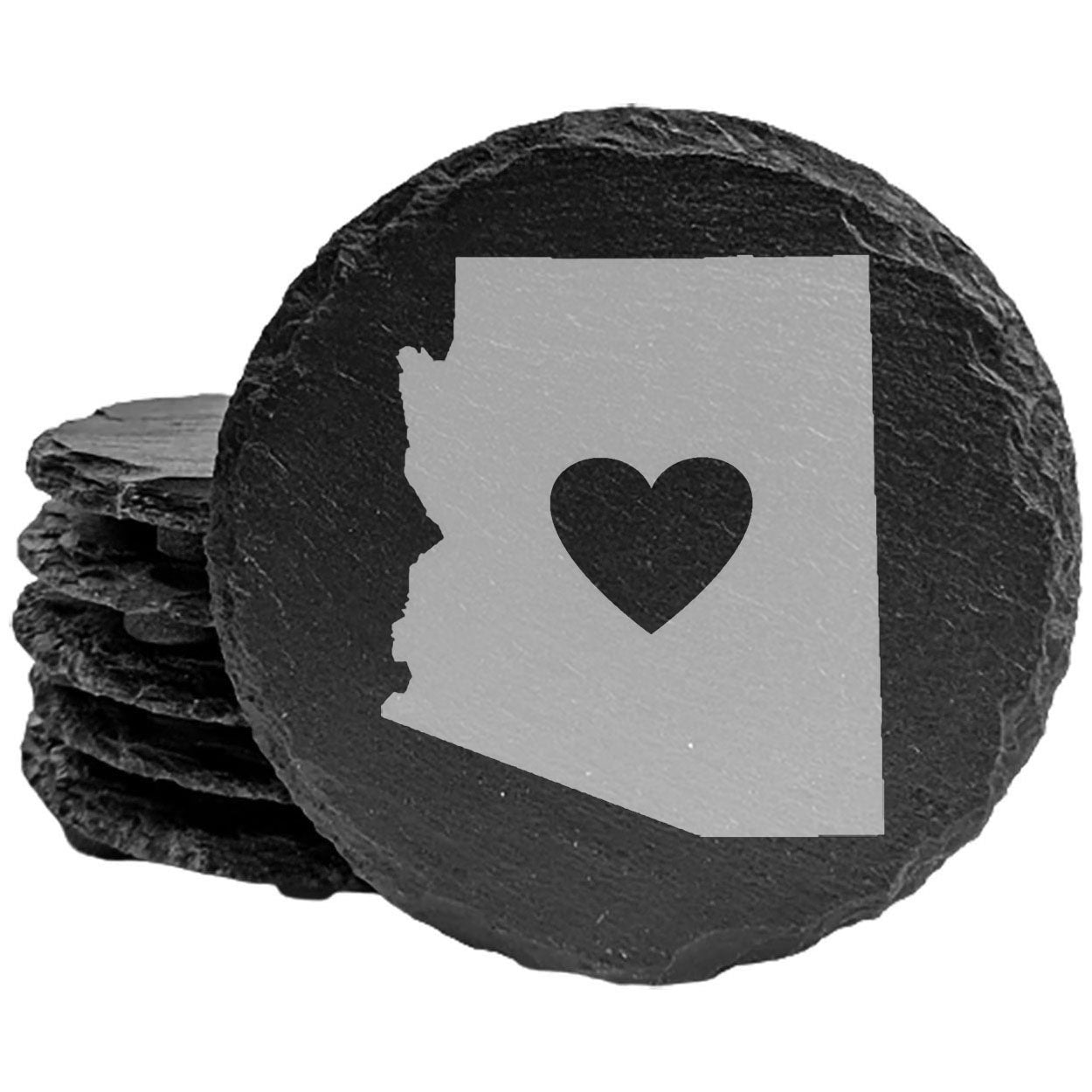 Rustic Slate Coasters Set of 4, Round 4" with Arizona Heart Design, Laser Etched, Perfect for Holidays, Birthdays, Housewarming, She-Shed, Man Cave, Made in Oregon, USA,