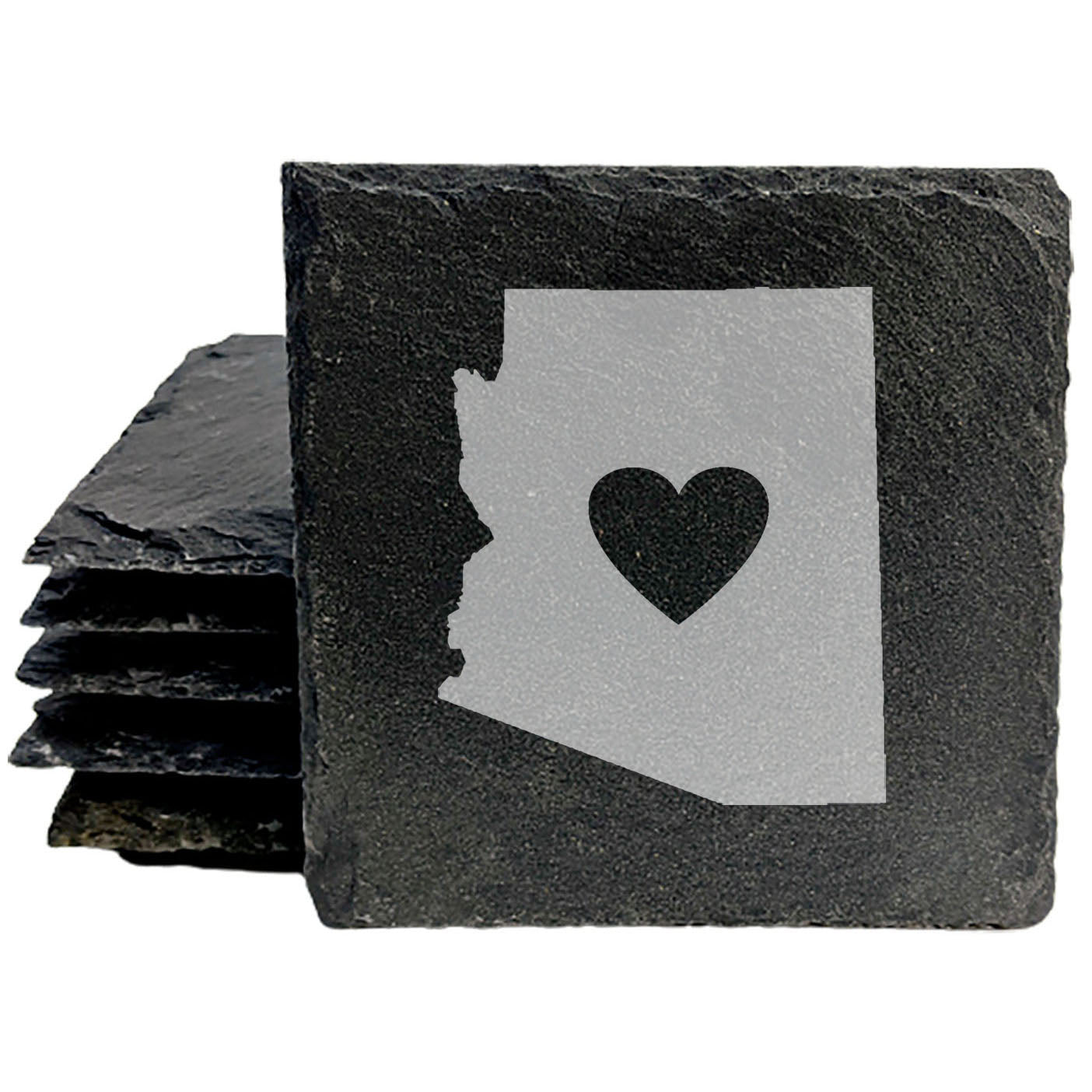 Rustic Slate Coasters Set of 4, Round 4" with Arizona Heart Design, Laser Etched, Perfect for Holidays, Birthdays, Housewarming, She-Shed, Man Cave, Made in Oregon, USA,