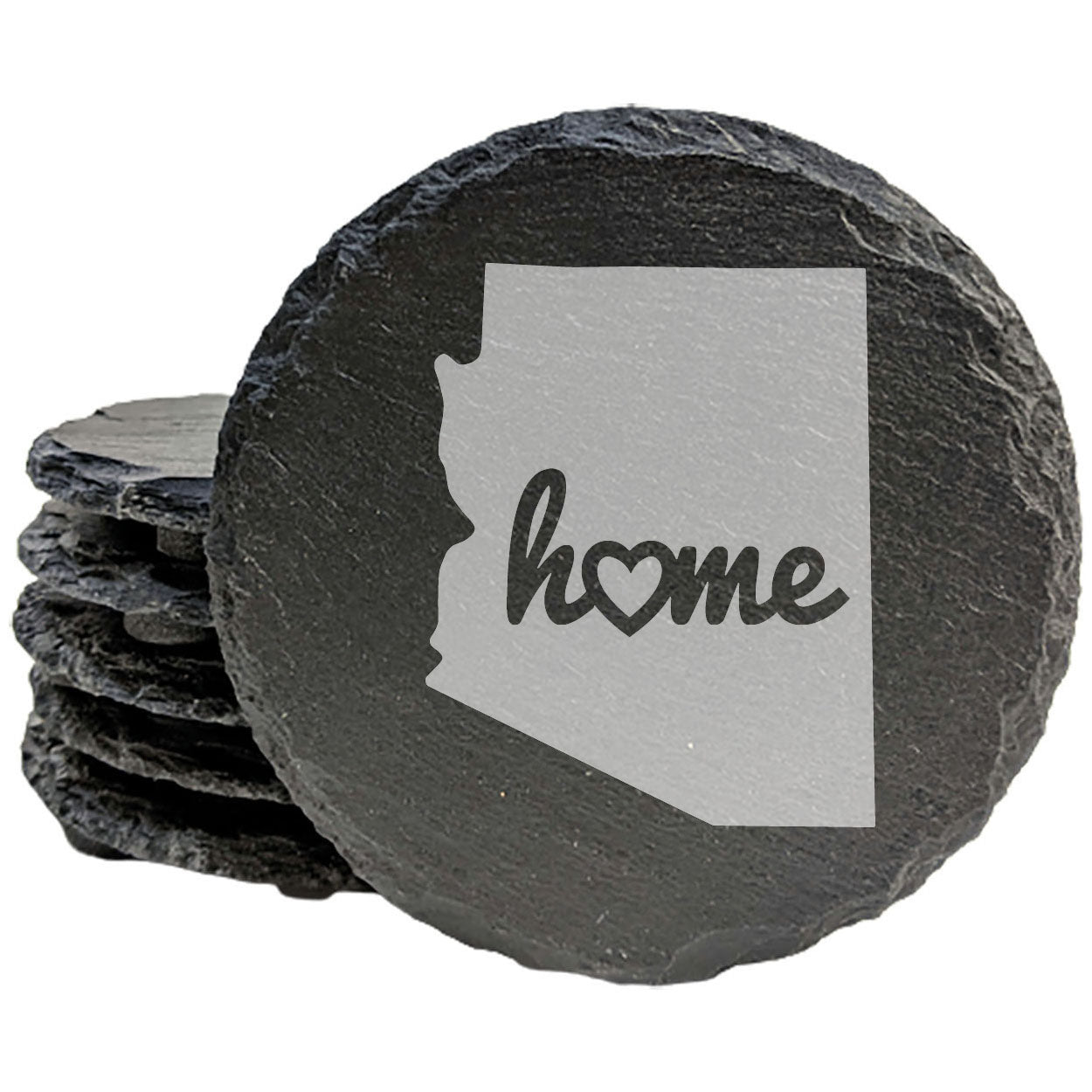 Rustic Slate Coasters Set of 4, Round 4" with Arizona 'Home' Heart Design, Perfect Gift for Holidays, Birthdays, Housewarming, She-Shed, Man Cave, Made in Oregon, USA, Natural Chipped Edge