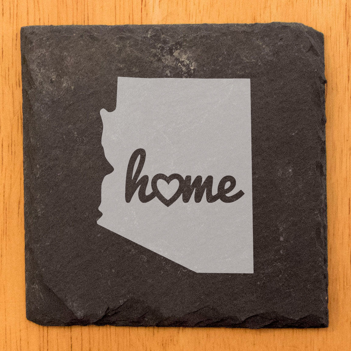 Rustic Slate Coasters Set of 4, Round 4" with Arizona 'Home' Heart Design, Perfect Gift for Holidays, Birthdays, Housewarming, She-Shed, Man Cave, Made in Oregon, USA, Natural Chipped Edge
