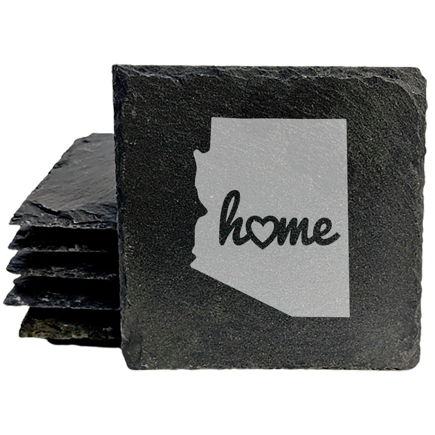 Rustic Slate Coasters Set of 4, Round 4" with Arizona 'Home' Heart Design, Perfect Gift for Holidays, Birthdays, Housewarming, She-Shed, Man Cave, Made in Oregon, USA, Natural Chipped Edge