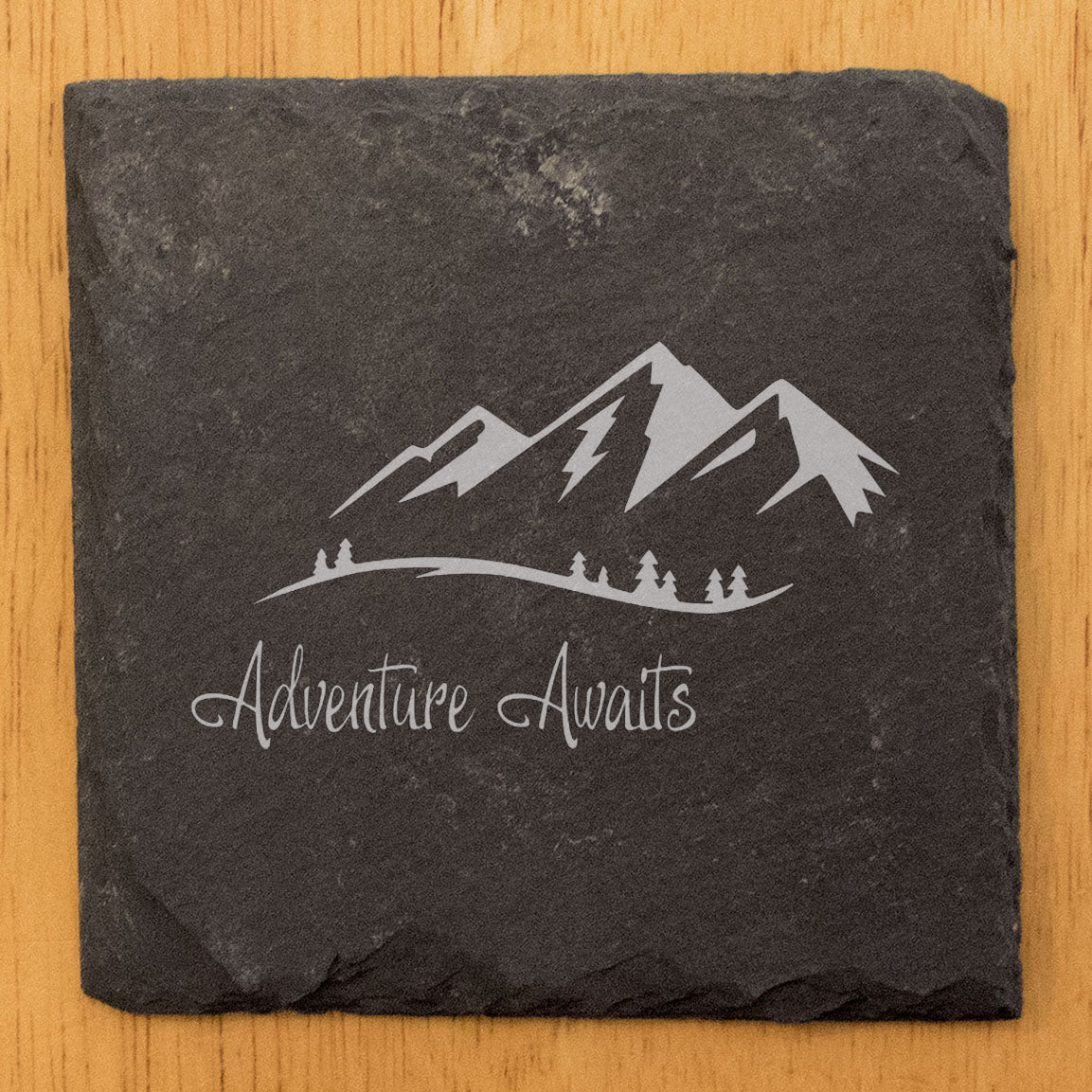 Rustic Slate Coasters Set - Laser Etched Adventure Awaits Design with Mountain Scene - Unique Home Decor Gift