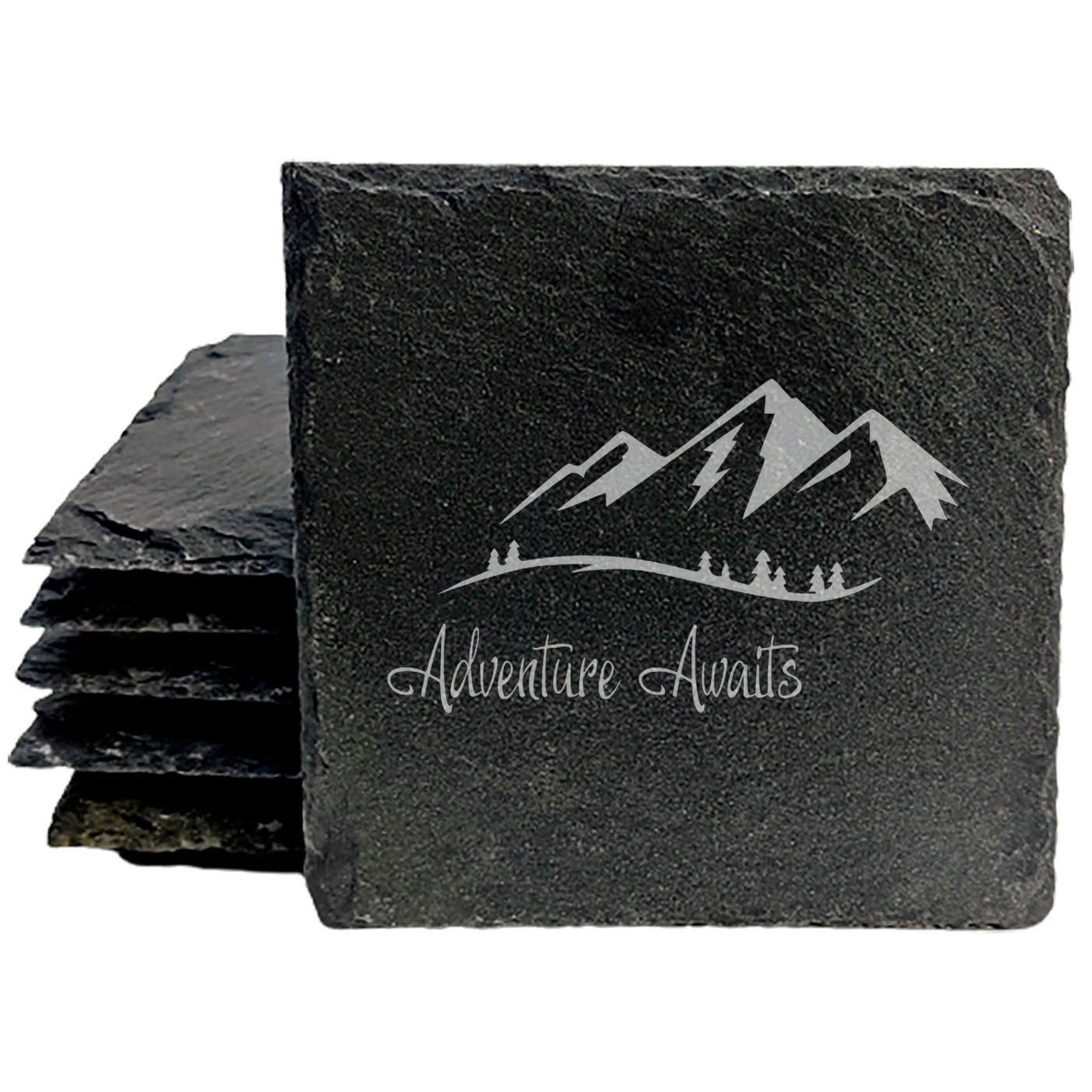 Rustic Slate Coasters Set - Laser Etched Adventure Awaits Design with Mountain Scene - Unique Home Decor Gift