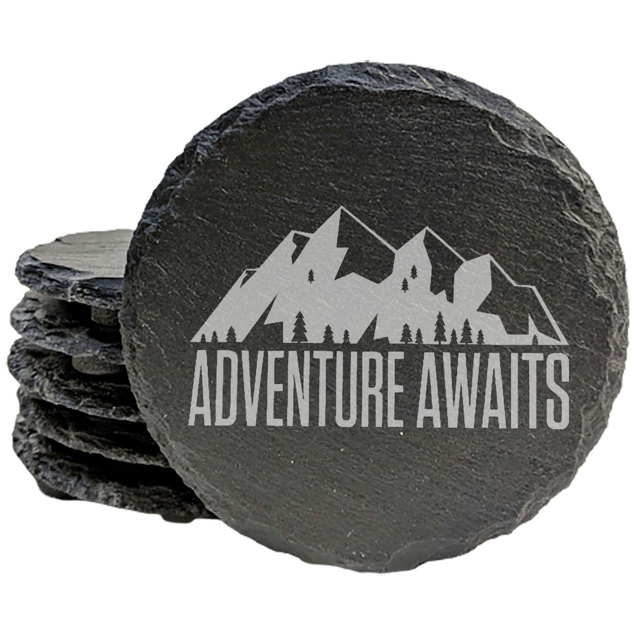 Rustic Slate Coasters Set - Laser Etched Adventure Awaits Design with Mountain Scene - Unique Home Decor Gift