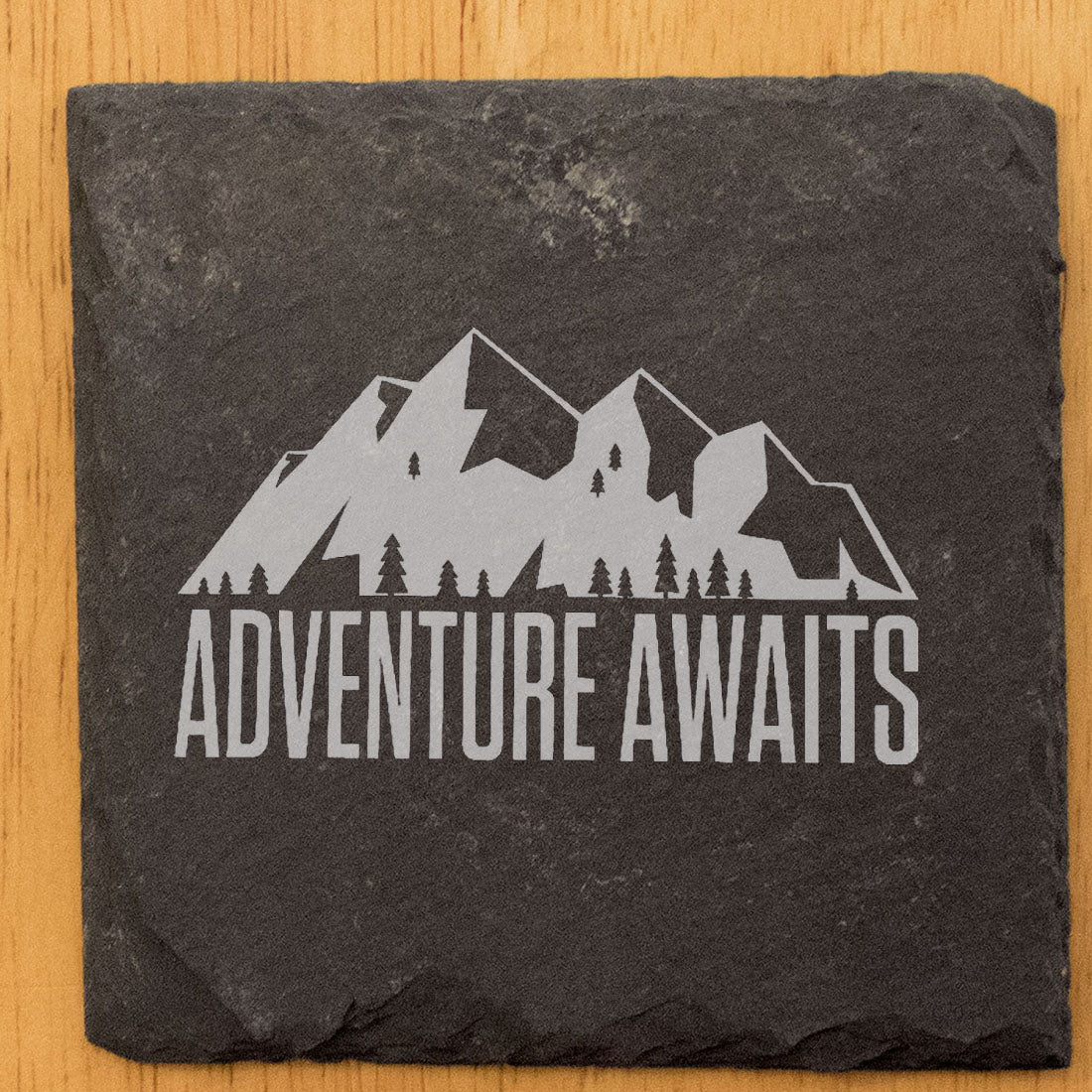 Rustic Slate Coasters Set - Laser Etched Adventure Awaits Design with Mountain Scene - Unique Home Decor Gift