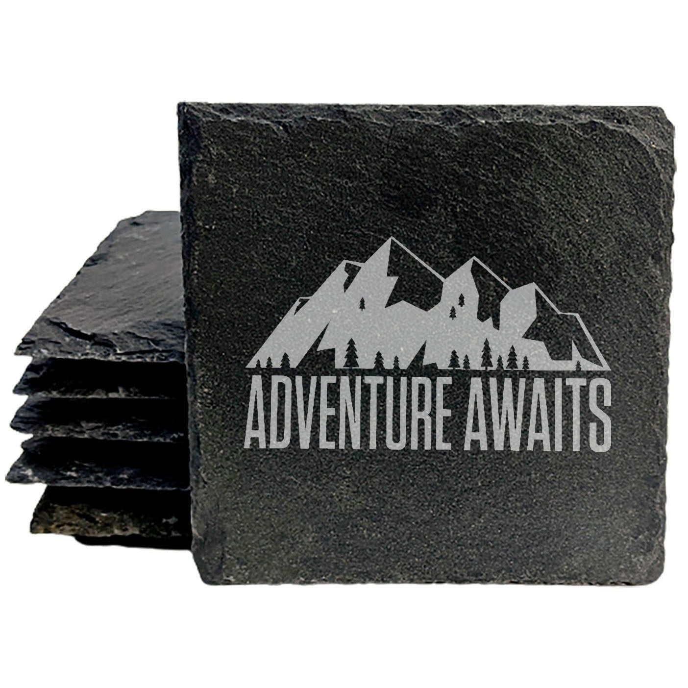 Rustic Slate Coasters Set - Laser Etched Adventure Awaits Design with Mountain Scene - Unique Home Decor Gift