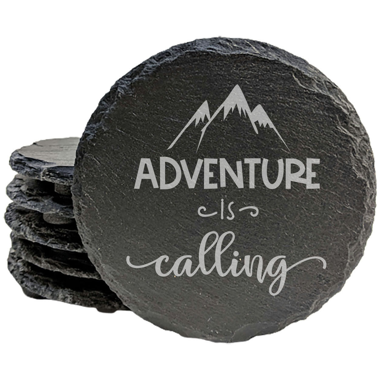 Adventure Awaits! Slate Coasters with Laser-Etched 'Adventure is Calling' Design & Mountain Scene - Stylish Home Decor & Unique Gift Set