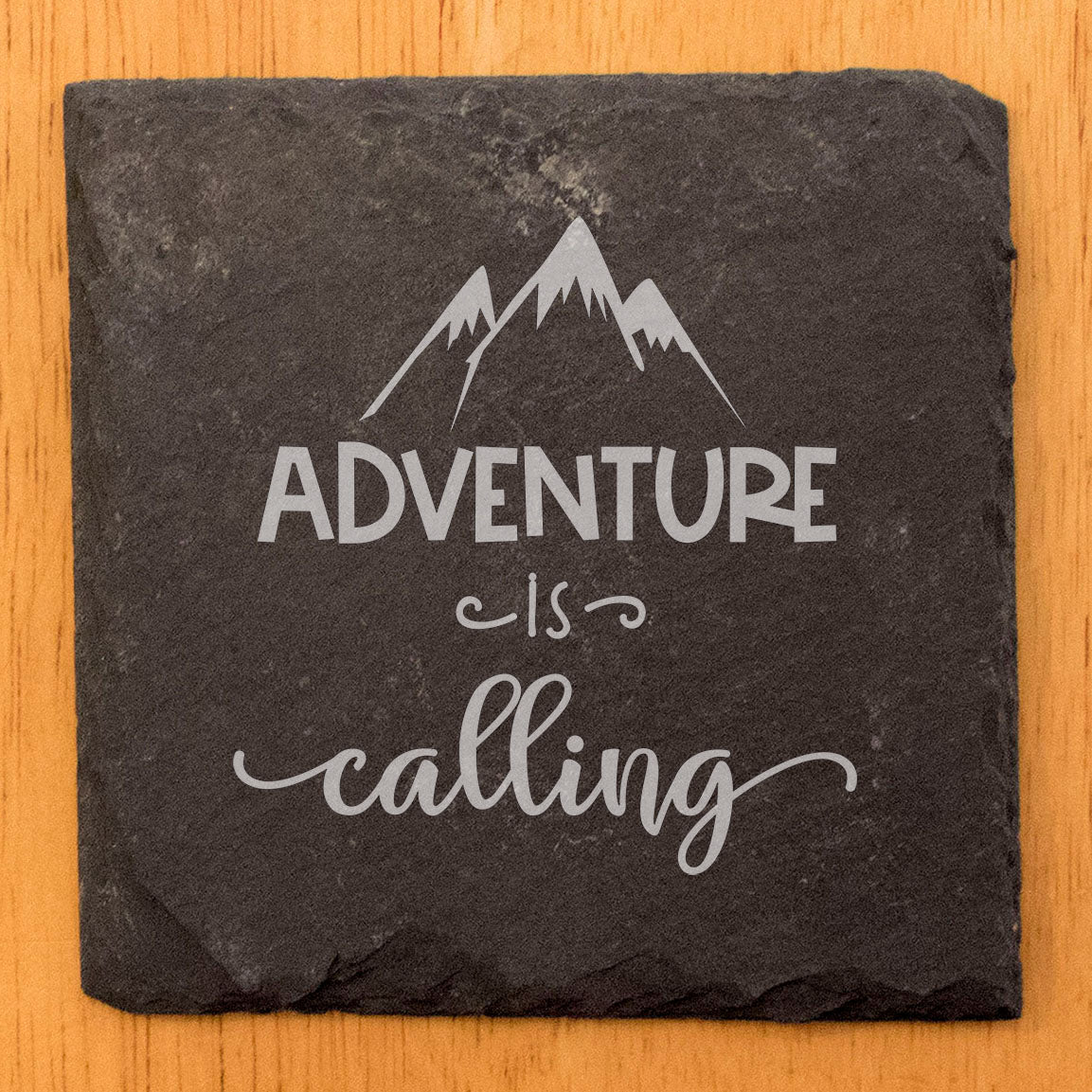 Adventure Awaits! Slate Coasters with Laser-Etched 'Adventure is Calling' Design & Mountain Scene - Stylish Home Decor & Unique Gift Set