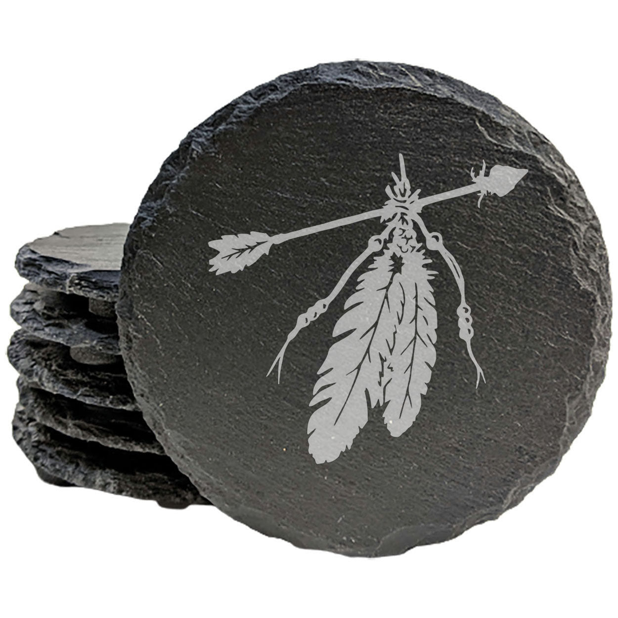 Spirit-Inspired Slate Coasters: Laser-Etched Feathers & Native American Arrow Design - Unique Home Decor and Gift Set